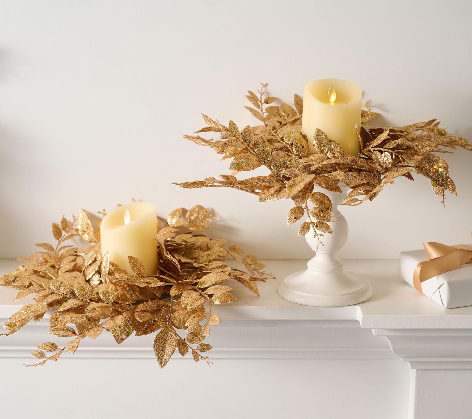 Set of 2 Glittered Leaf Candle Rings by Valerie