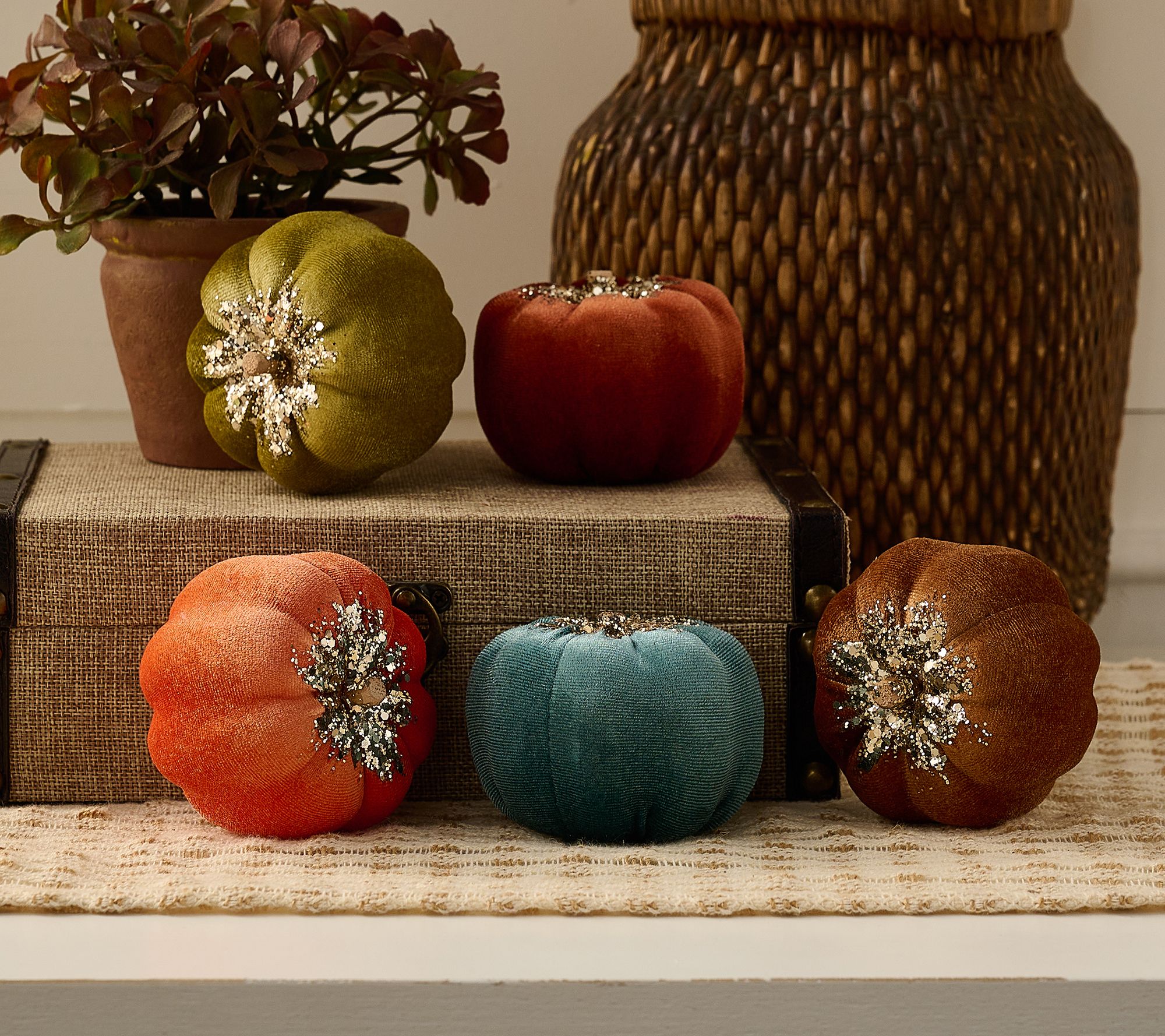 Set of 5 (3") Velvet Glitter Pumpkins by Valerie