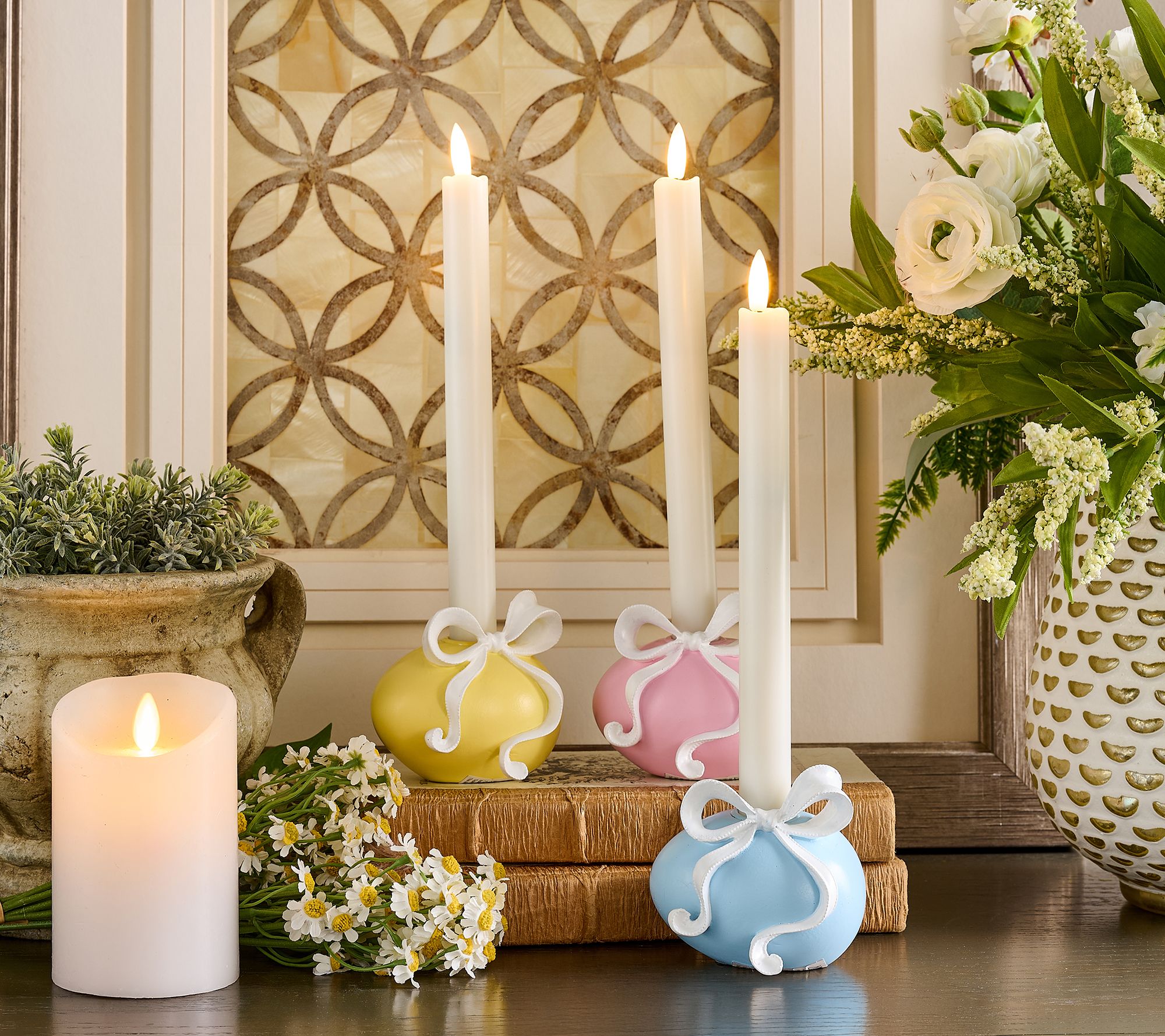 Set of 3 Egg with Bow Taper Holders by Valerie