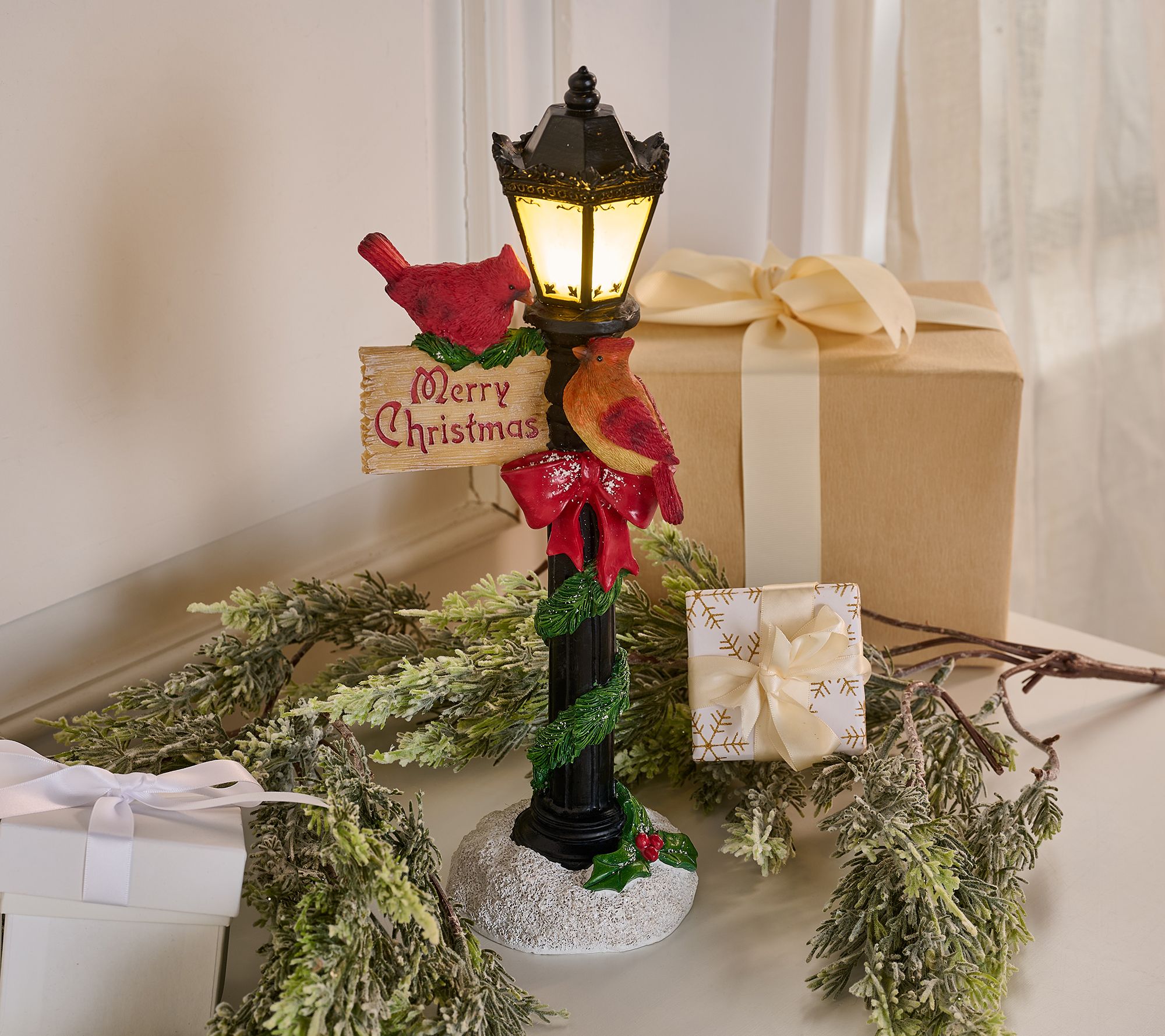 "As Is" 14.5" Cardinals with Illuminated Lamp Post by Valerie