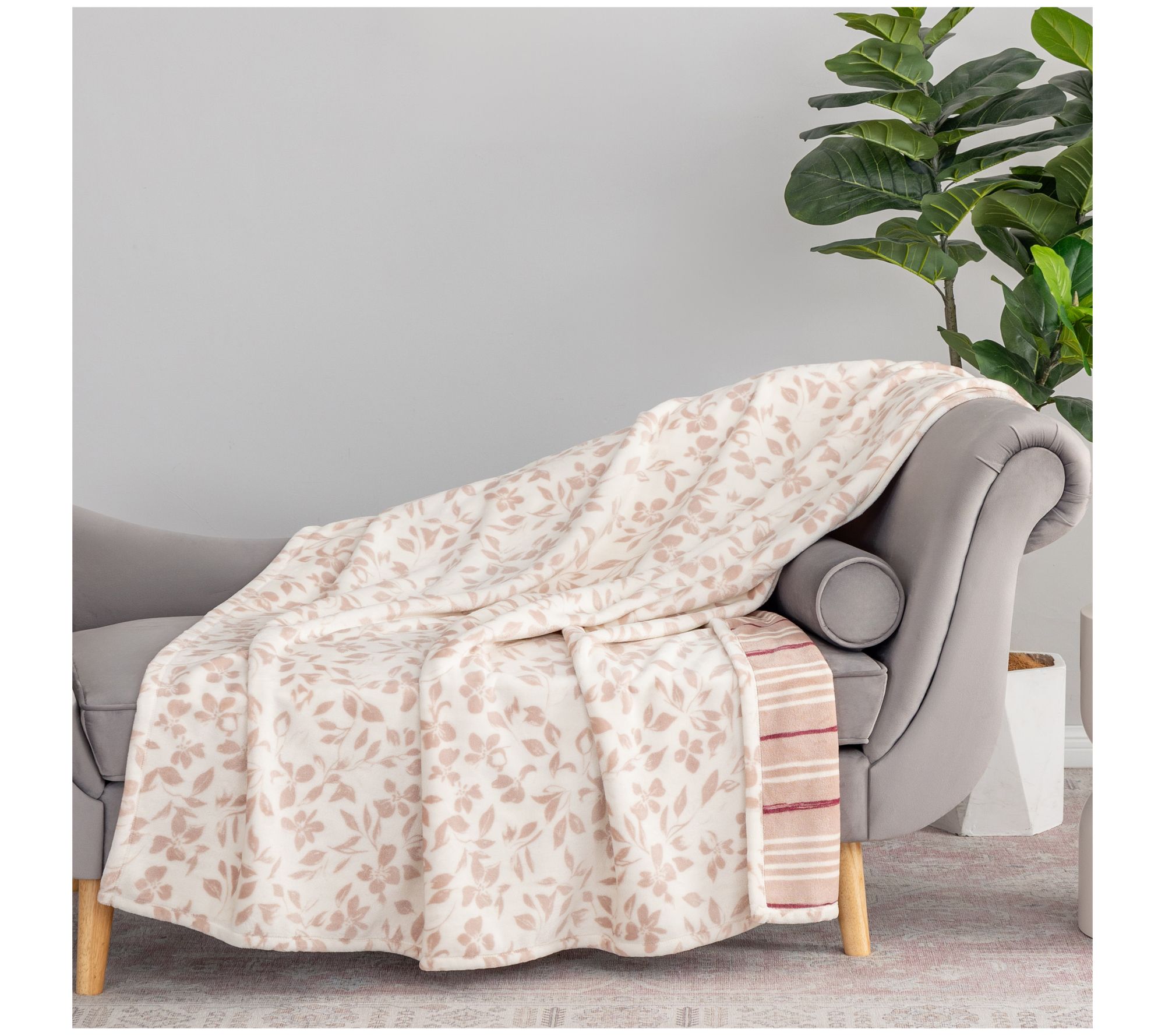 "As Is" Berkshire 60x70 Twin Print Reversib.Floral & Stripe Throw