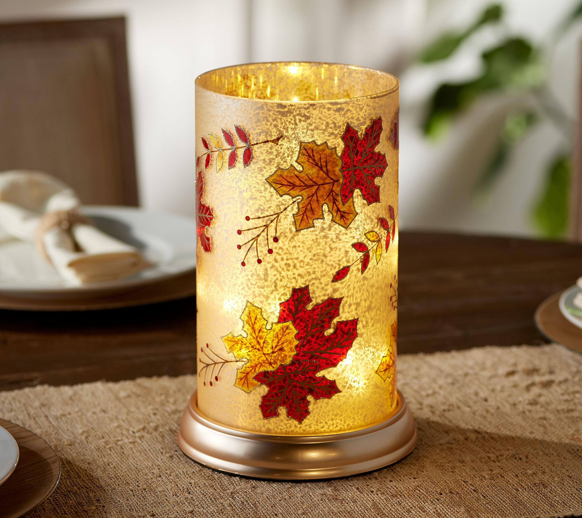 "As Is" 10" Illuminated Frosted Hurricane with Harvest Design