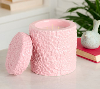 HomeWorx by Slatkin & Co. 14oz Pink Floral Embossed Ceramic Candle