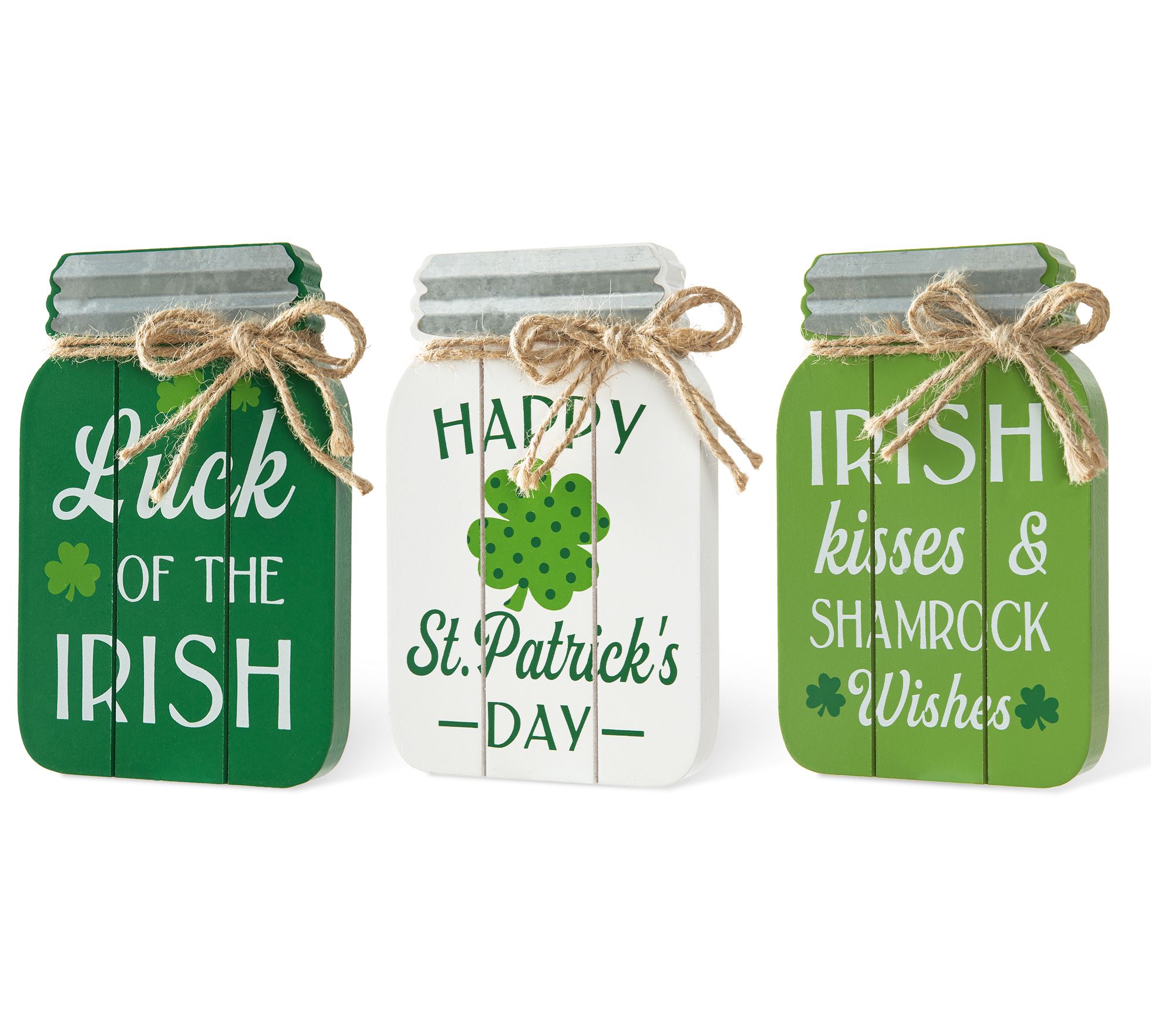 Glitzhome 7" St. Patrick's Wooden Mason Jar Table Decor S/3