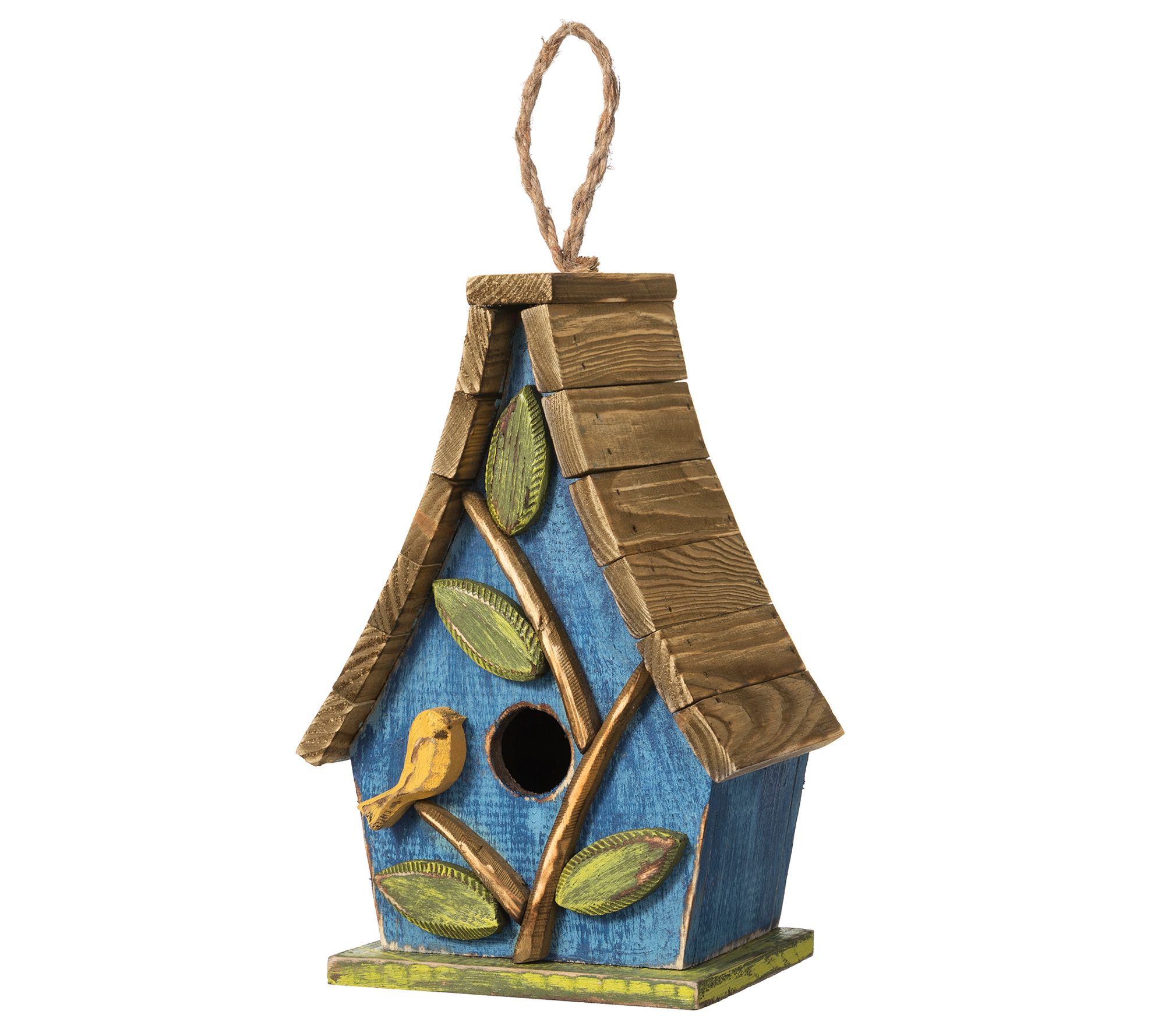 Glitzhome  3D L eaves and Birdi e Distressed Wo od Birdhouse