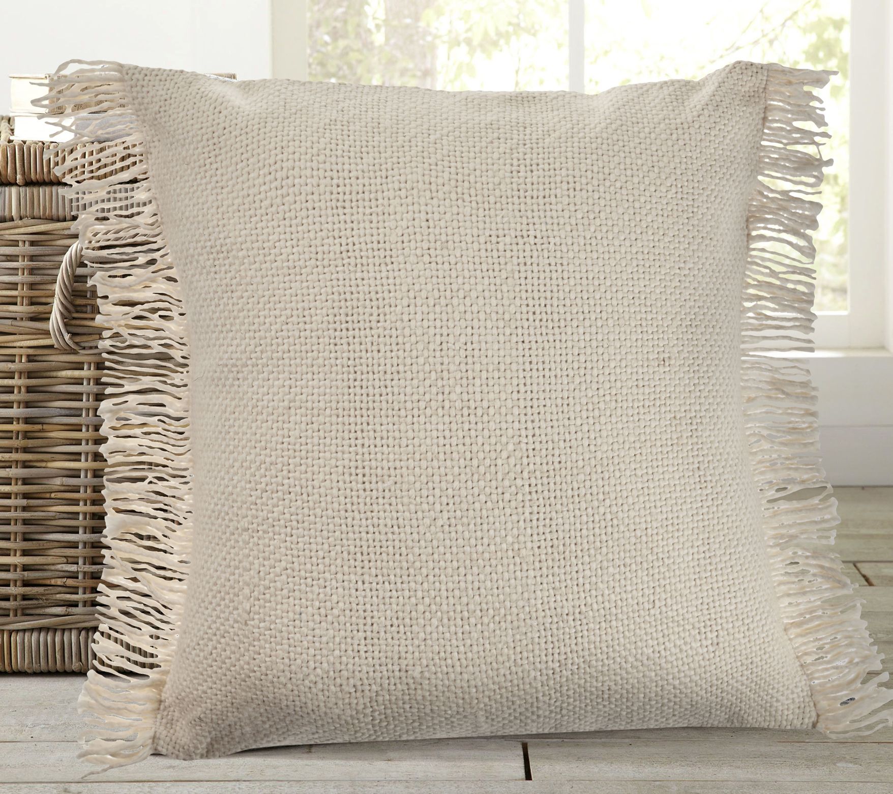 Ox Bay Solid Woven Beige Throw Pillow with Frin ge