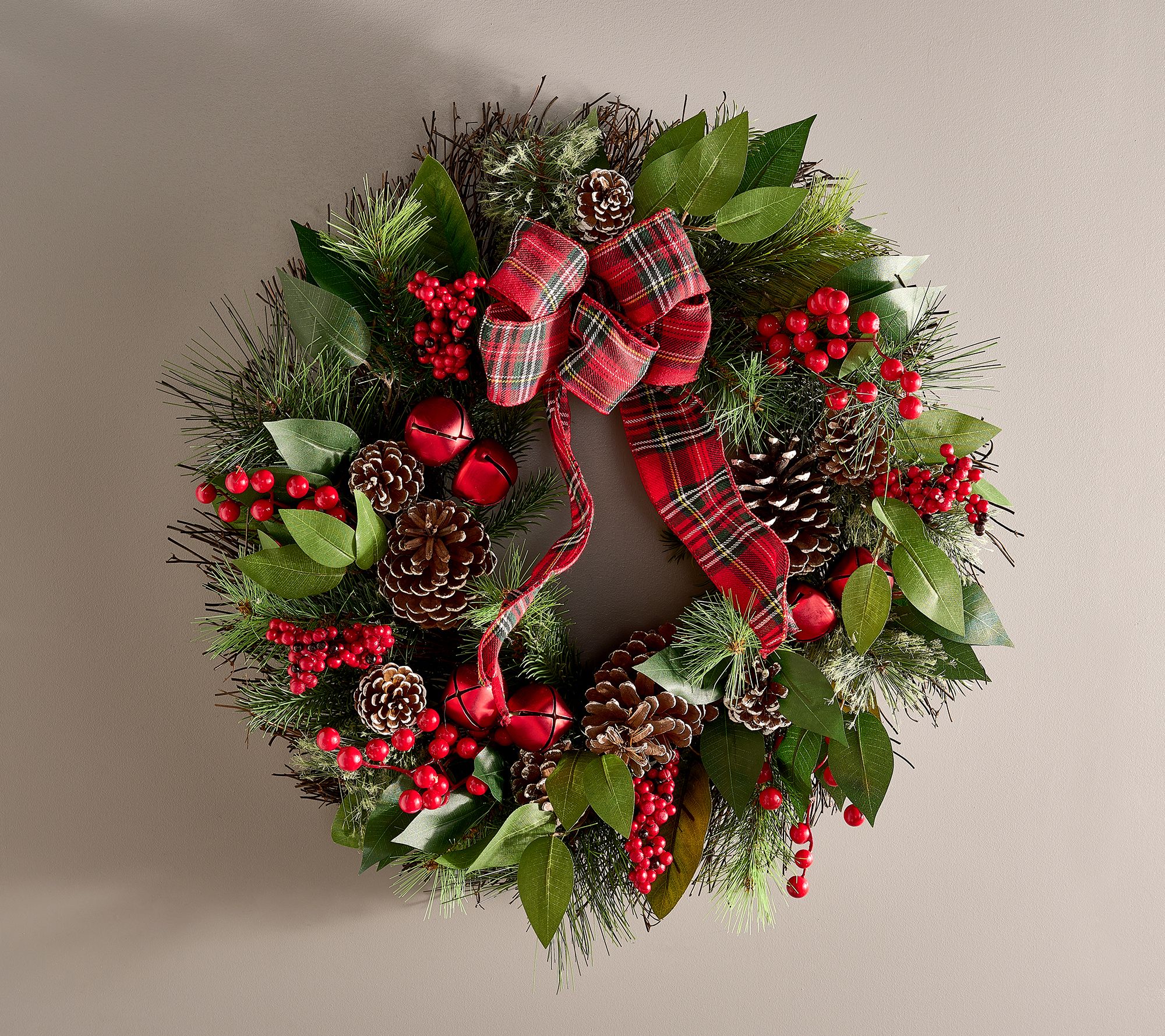 24" Berry, Pinecone and Greenery Wreath w/ Bow by Valerie