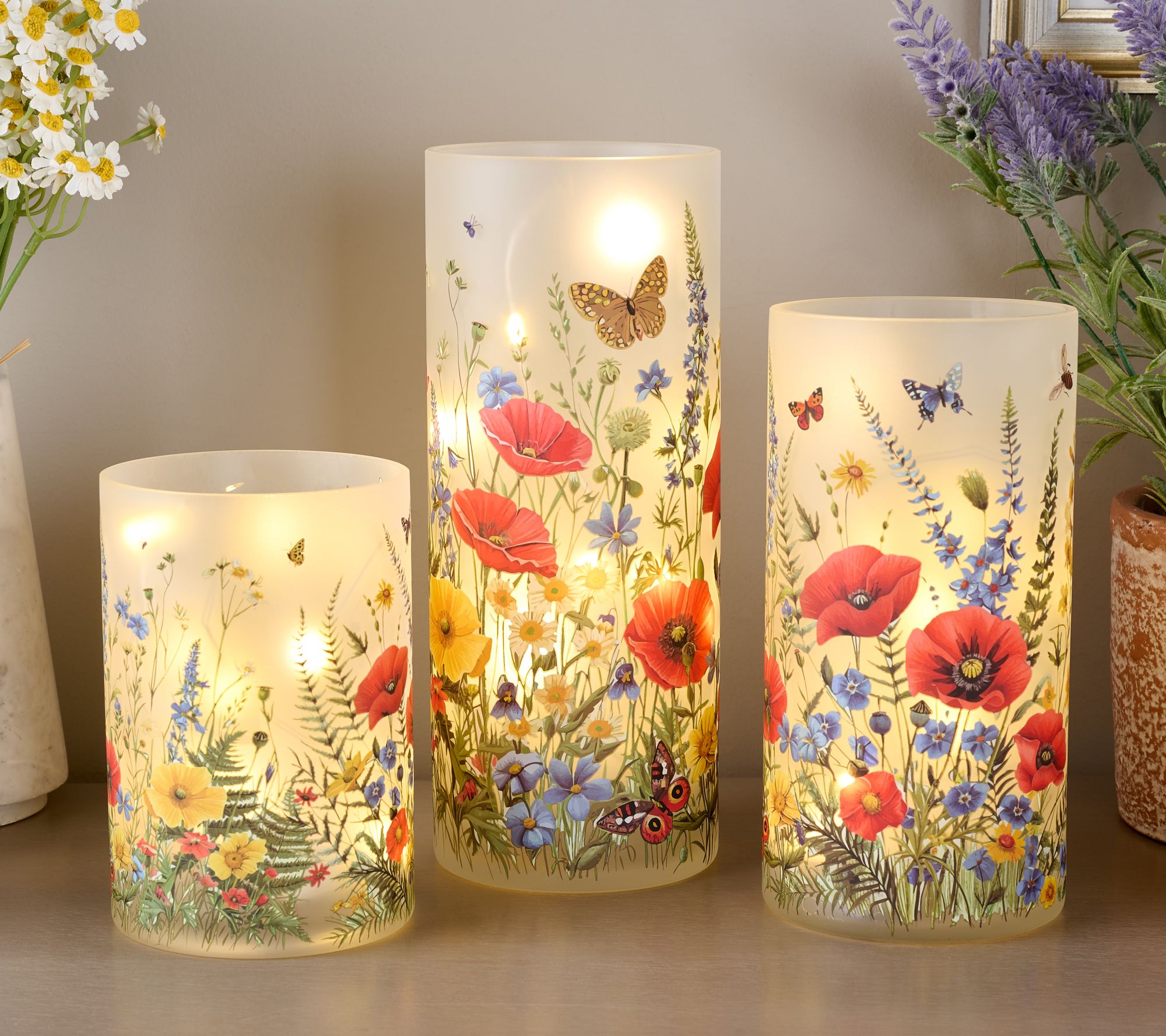 Set of 3 Illuminated Wildflower Hurricanes By Valerie