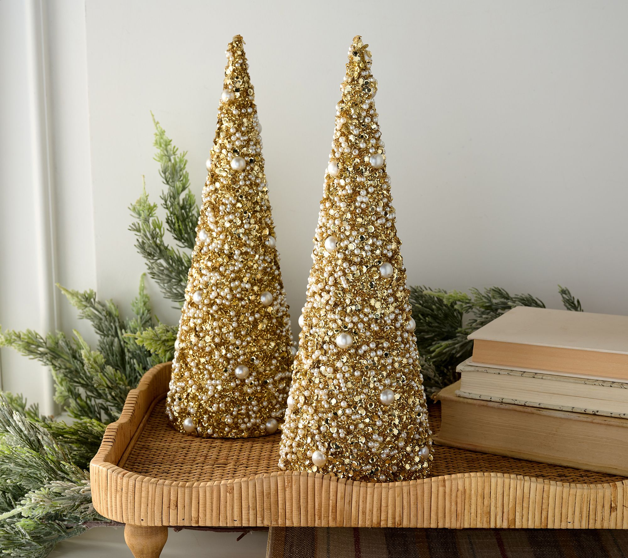 Set of 2 Pearl and Glitter Cone Trees by Valerie