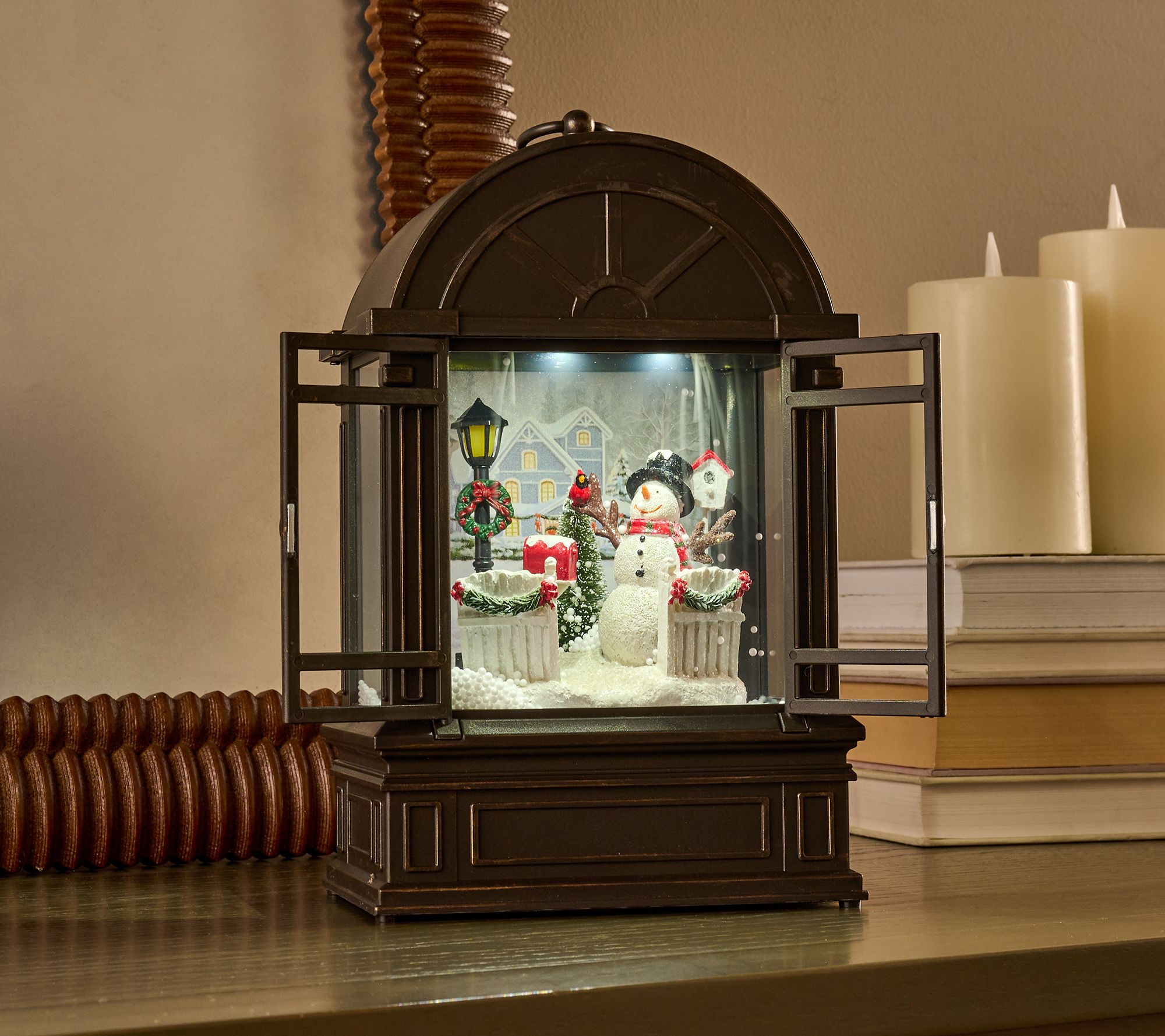 Christmas Time Reflections Illuminated Snowing Lantern by Valerie