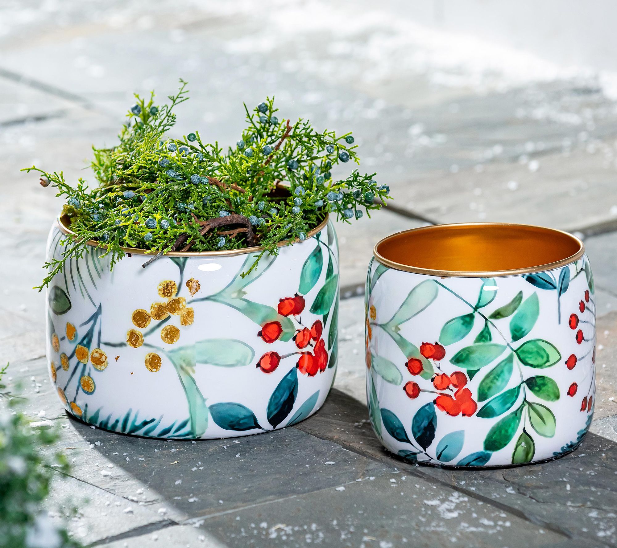 Evergreen Set of 2 Festive Foliage Metal Printed Planters