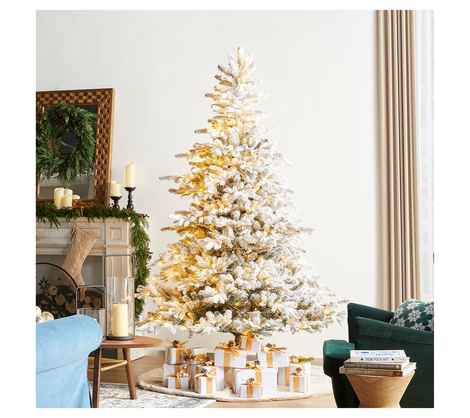 Glitzhome 7.5' LED PreLit Flocked Full Fir FauxChristmas Tree
