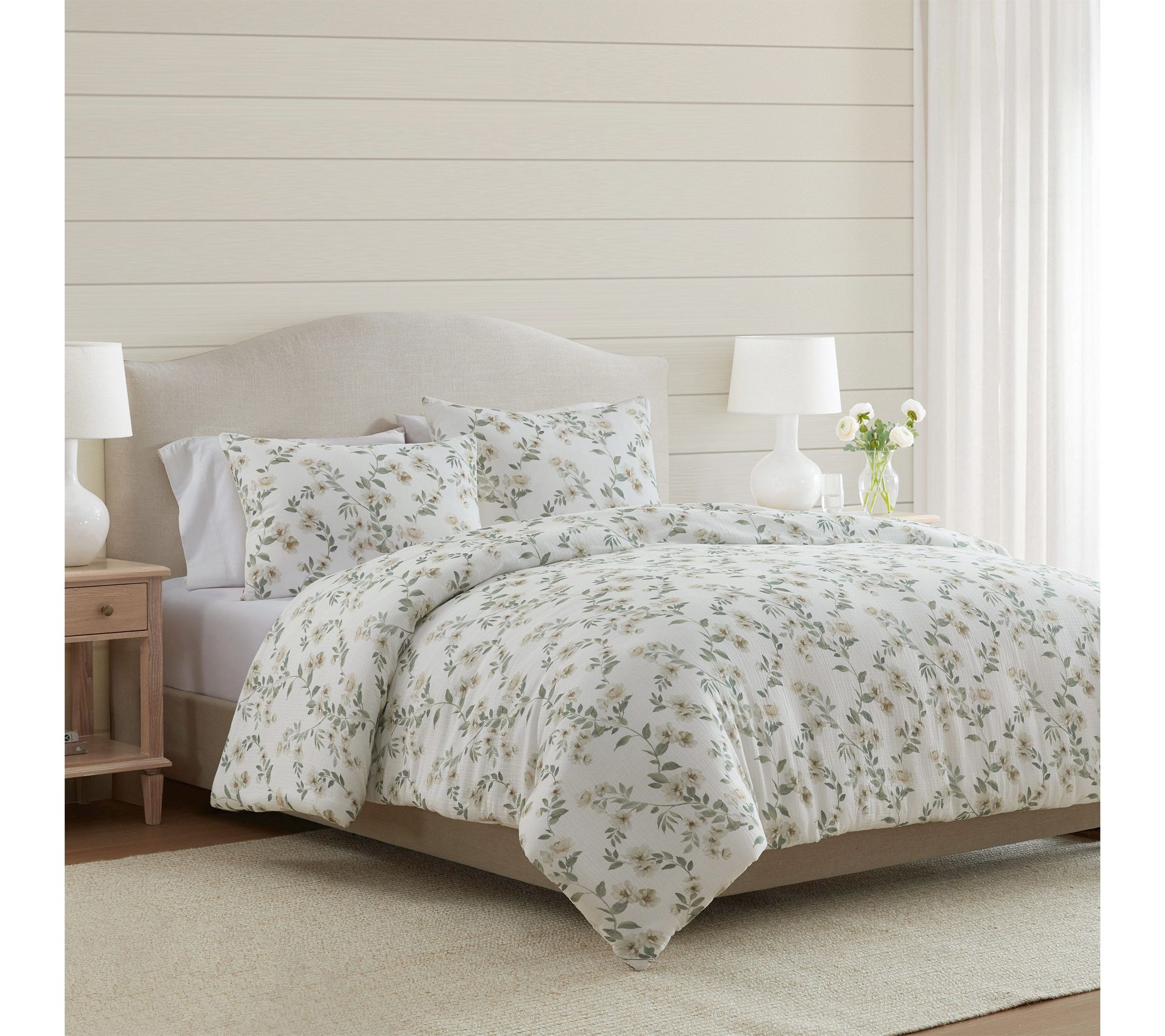 Martha Stewart Hazel Floral Beige Cotton GauzeQueen Duvet Set