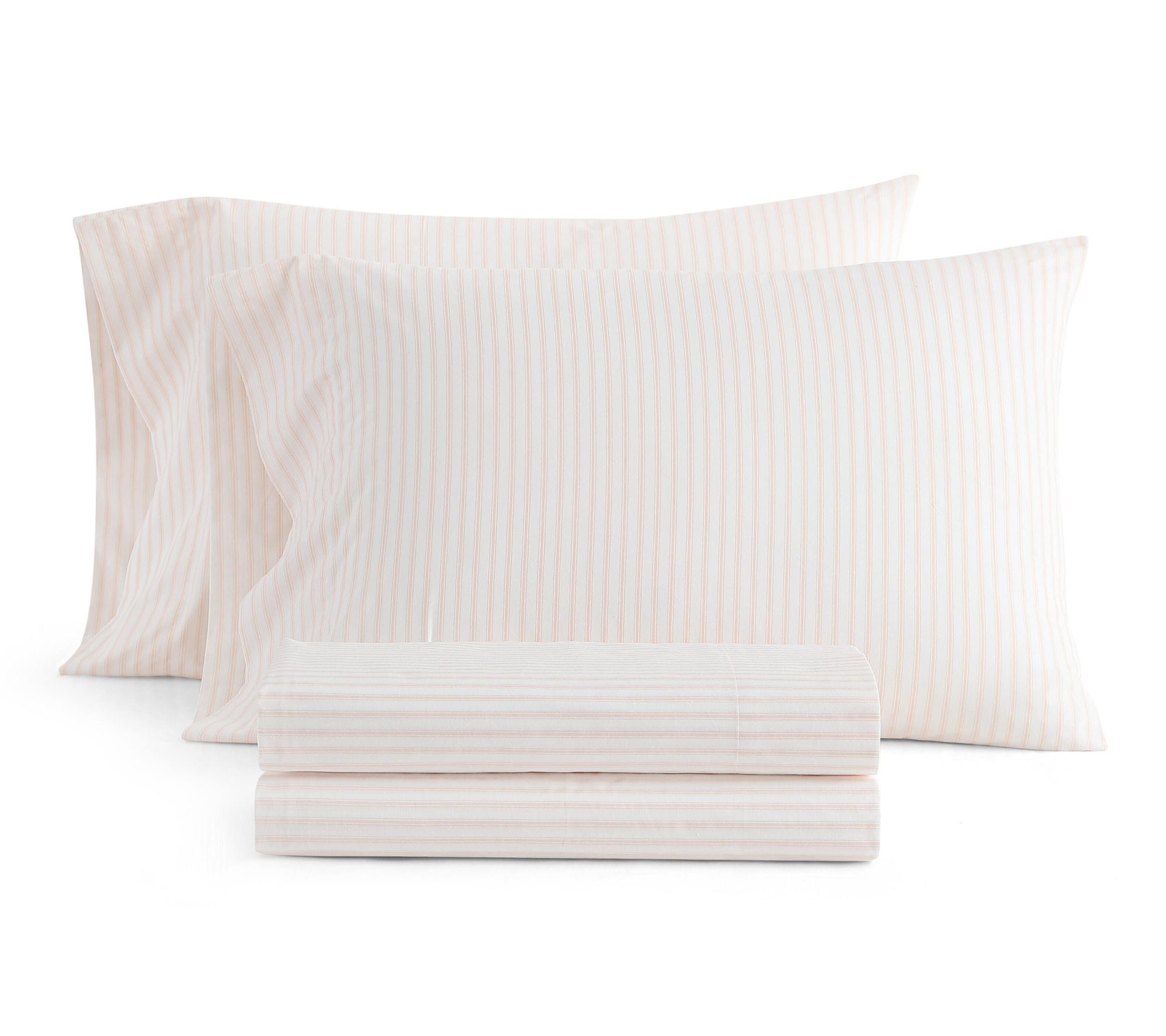 Martha Stewart Ticking Stripe White/Pnk CottonQueen Sheet Set