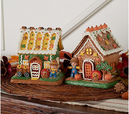 Set of 2 Illuminated Harvest Houses with Gift Bags by Valerie