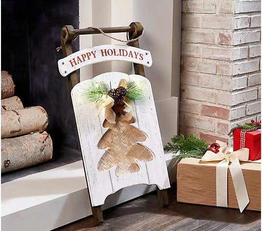 Home Reflections 26" Wooden Sleigh with Faux Greenery