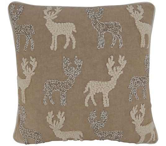 Down-Filled Embroidered Reindeers Throw Pillow