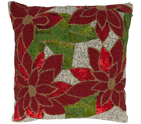 Beaded Pillow Cover With Poinsettia Design