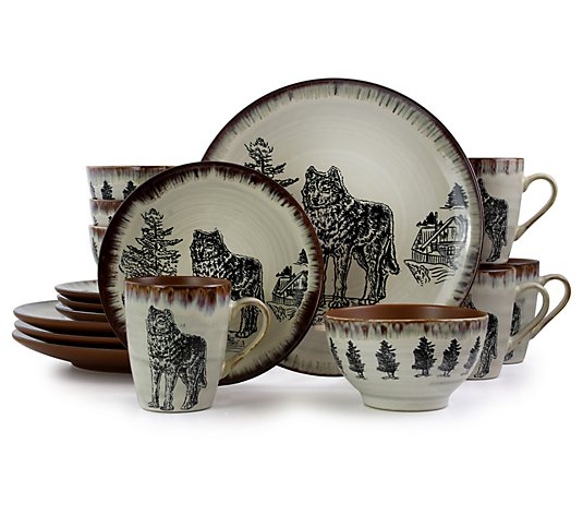 Elama Majestic Wolf 16-Piece Round Stoneware Dinnerware Set