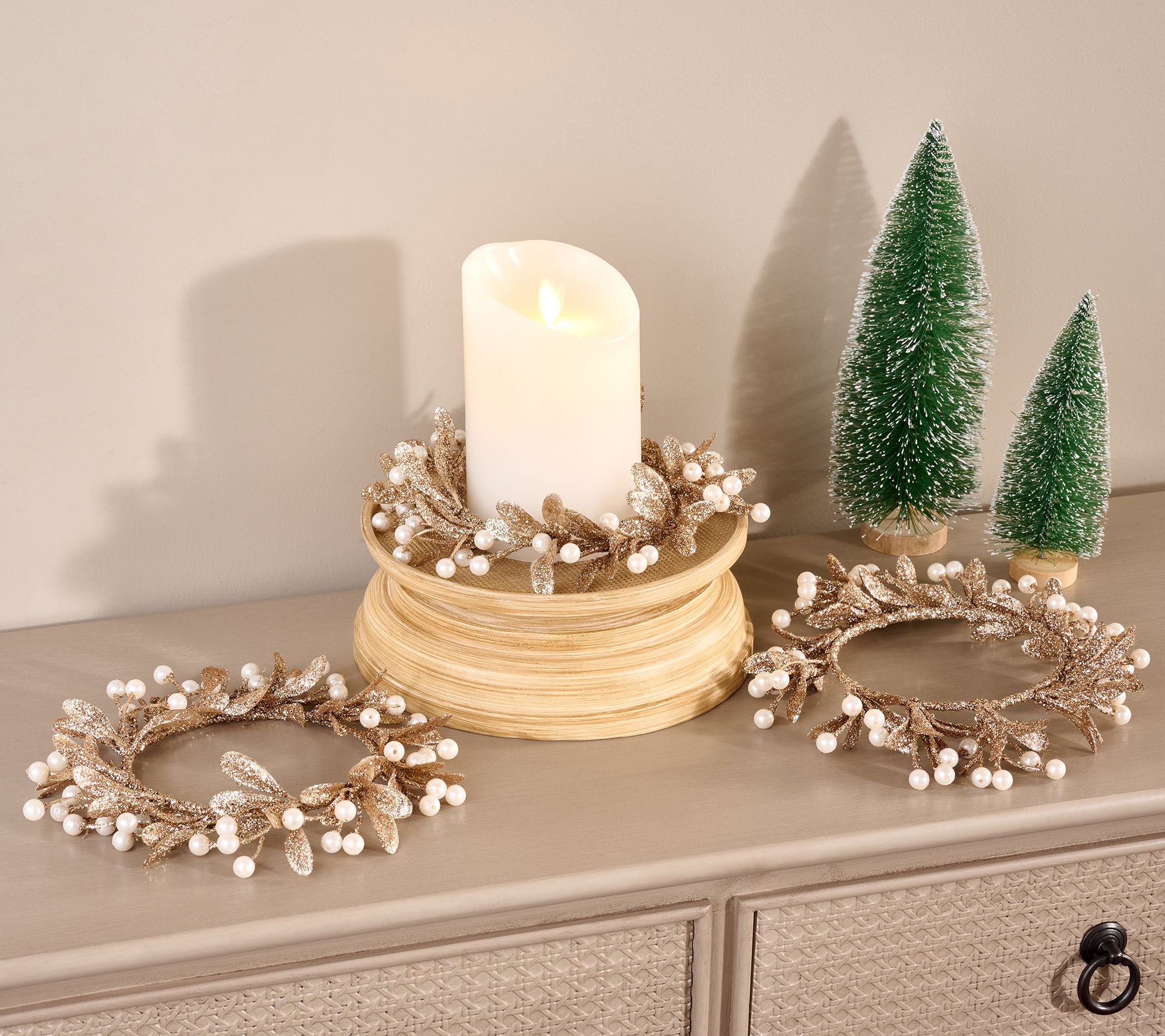 Set of 3 Glittered Pearl Candle Rings by Valerie