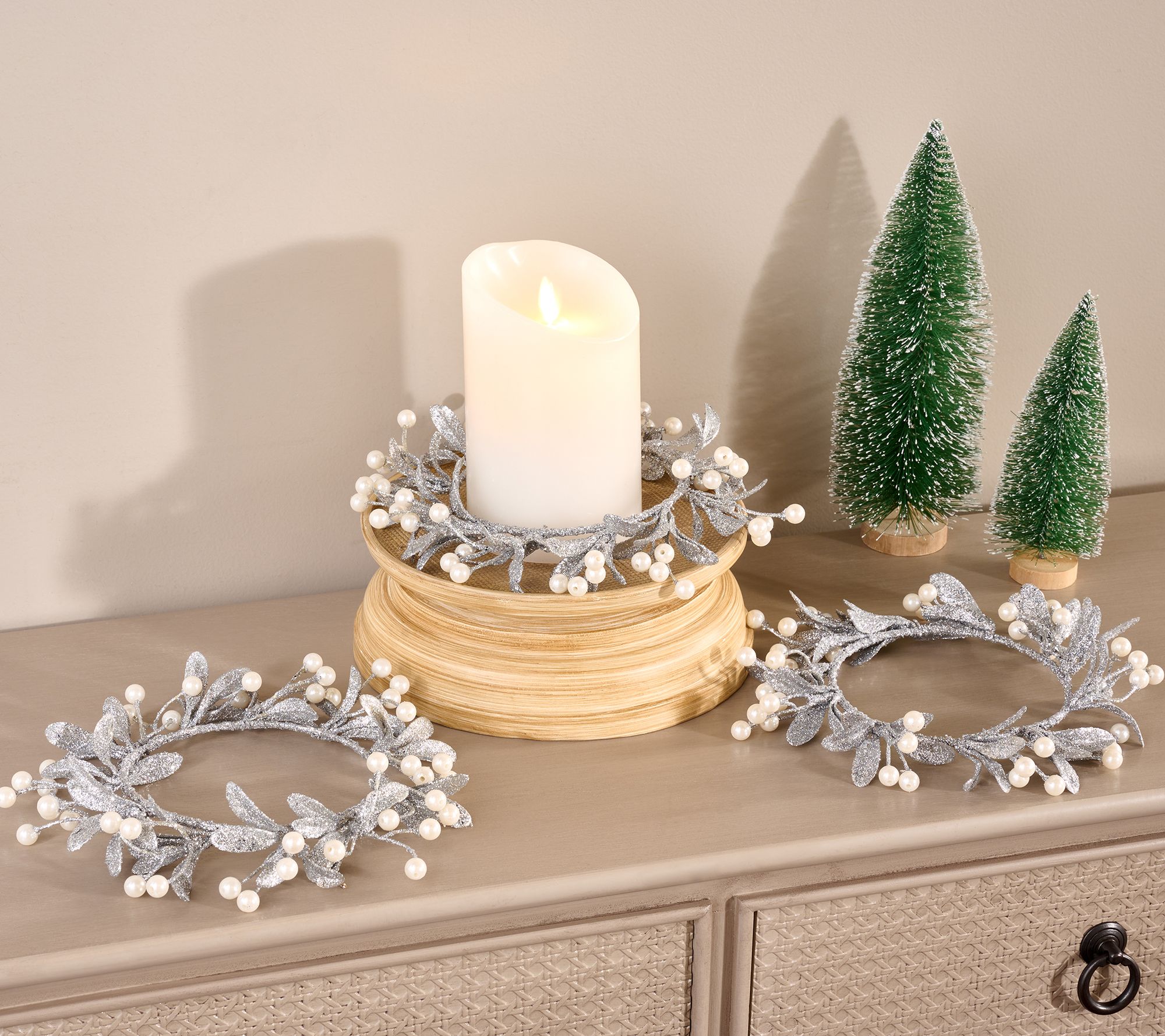 Set of 3 Glittered Pearl Candle Rings by Valerie