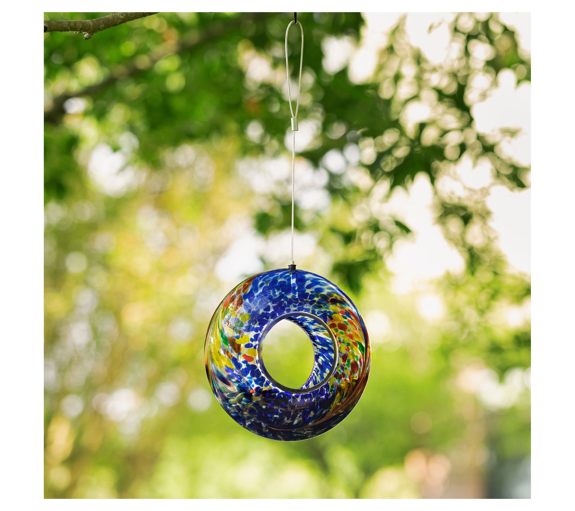 Glitzhome 8" Artisan Glass Round Hanging MosaicBirdfeeder