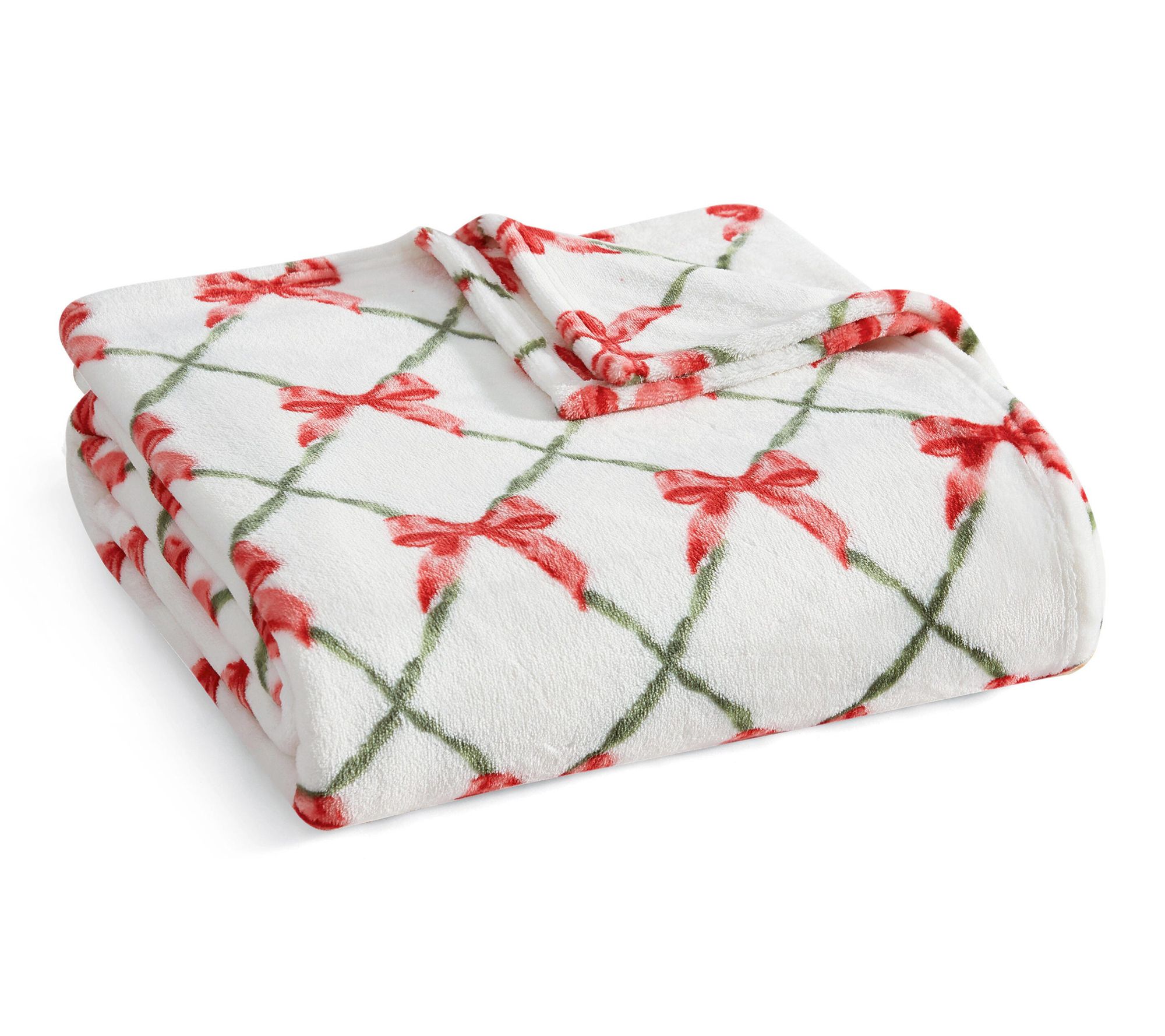 Martha Stewart Emma Bow White/Red/Green Plush 60"X70" Throw