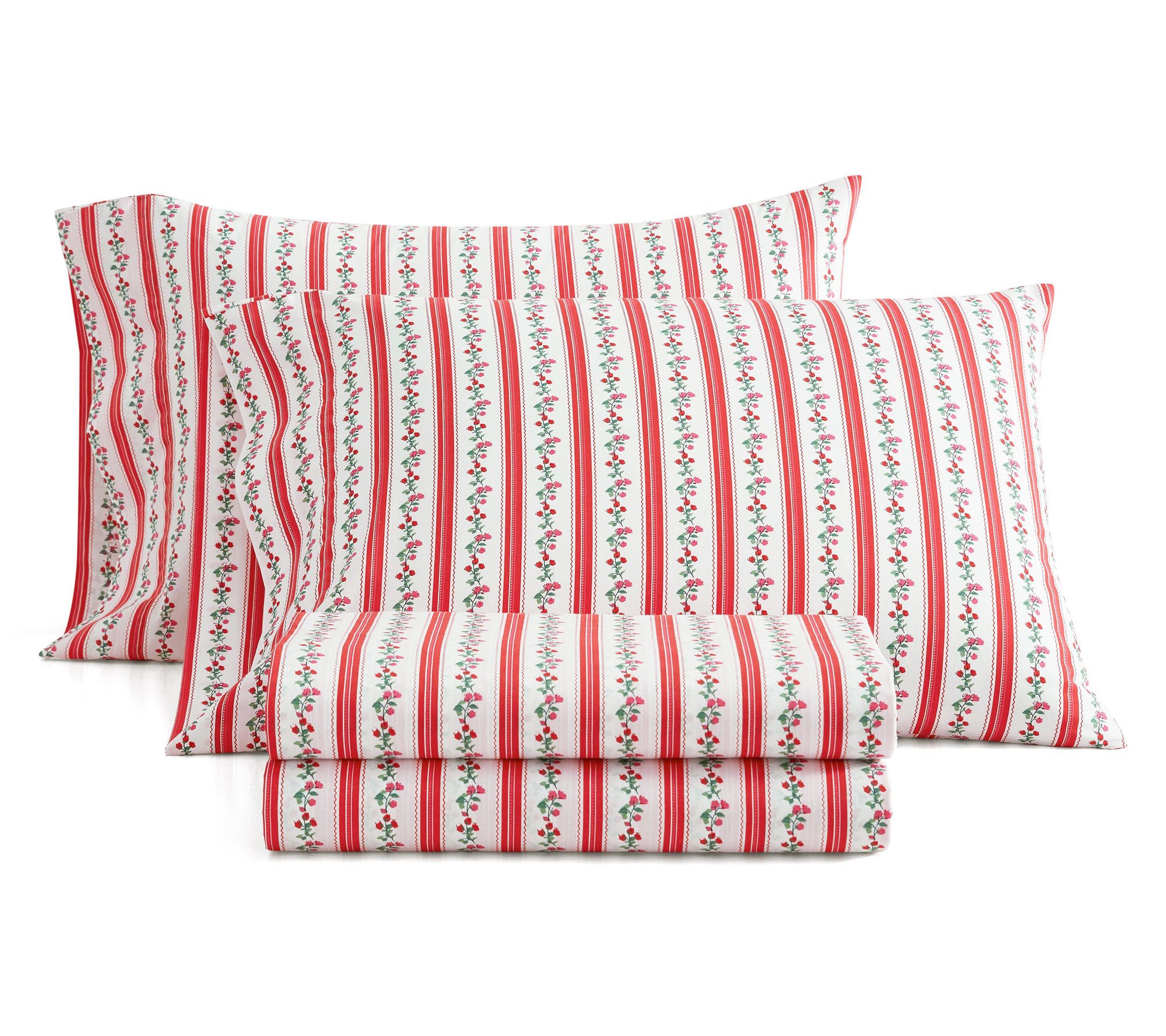 Martha Stewart Rose Ribbon White/Red Cotton Full Sheet Set