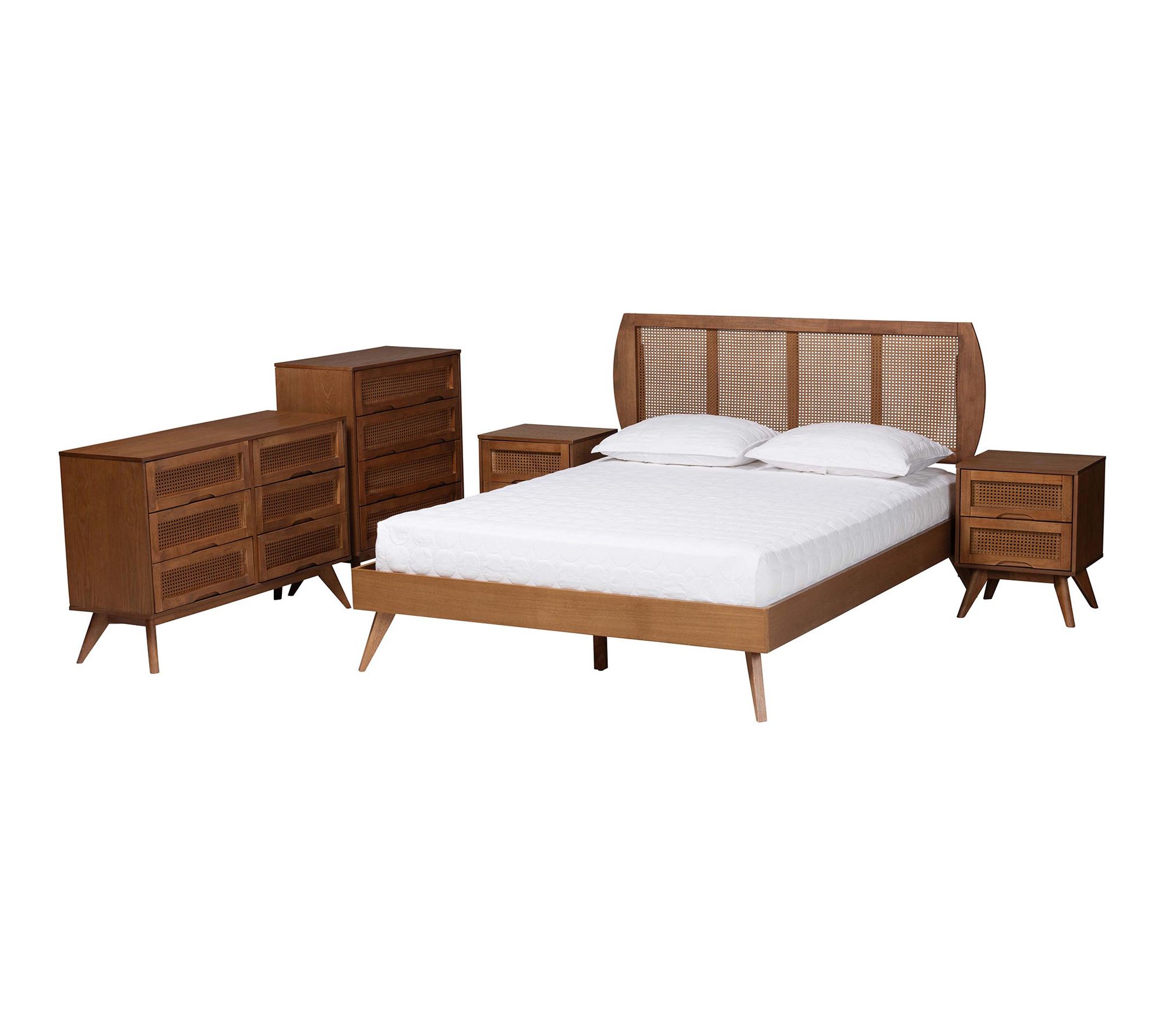 Baxton Studio Asami Wood and Rattan Full 5-Piece Bedroom Set