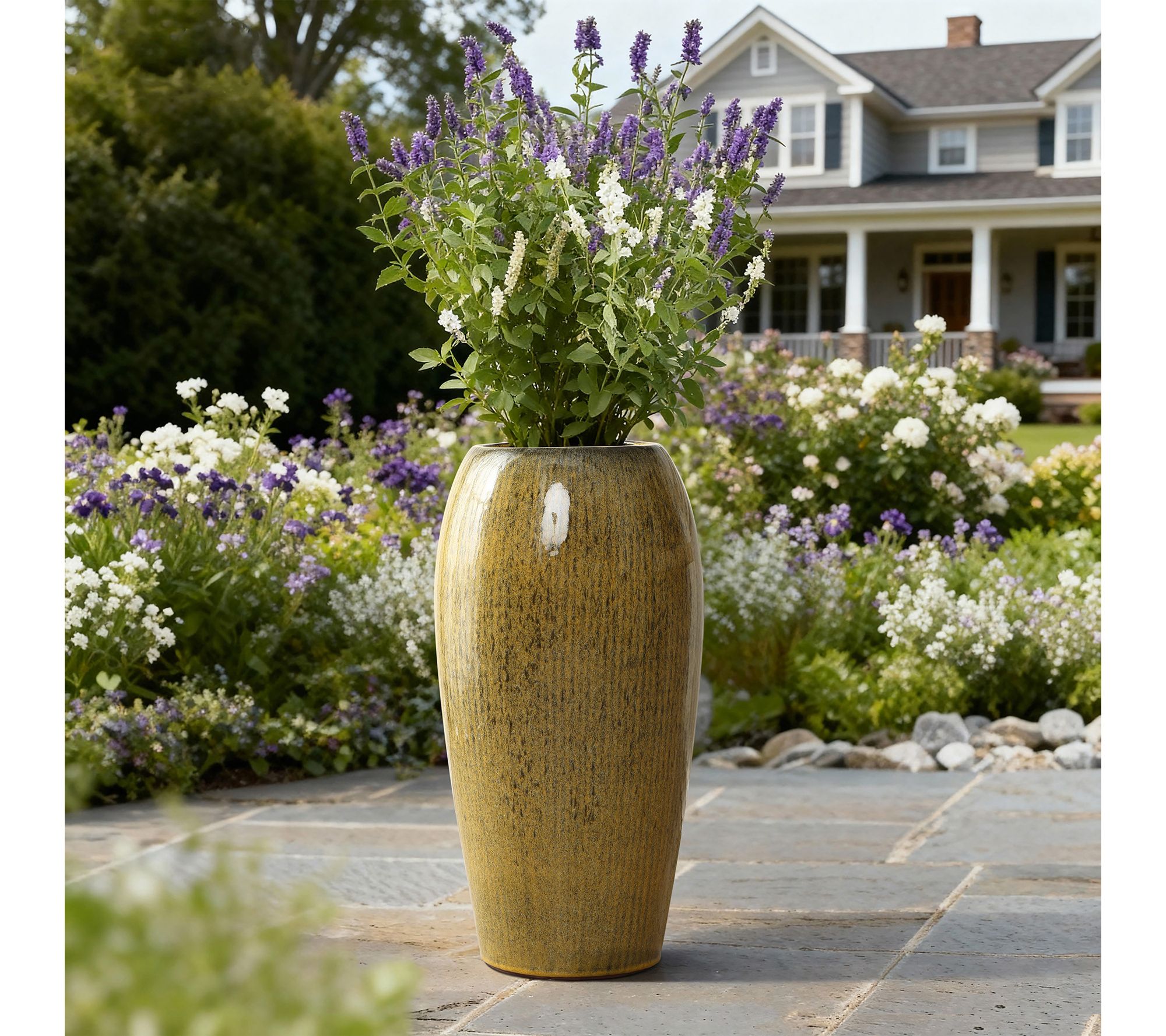 LuxenHome 23" Tall Ceramic Planter, Green RoundPot