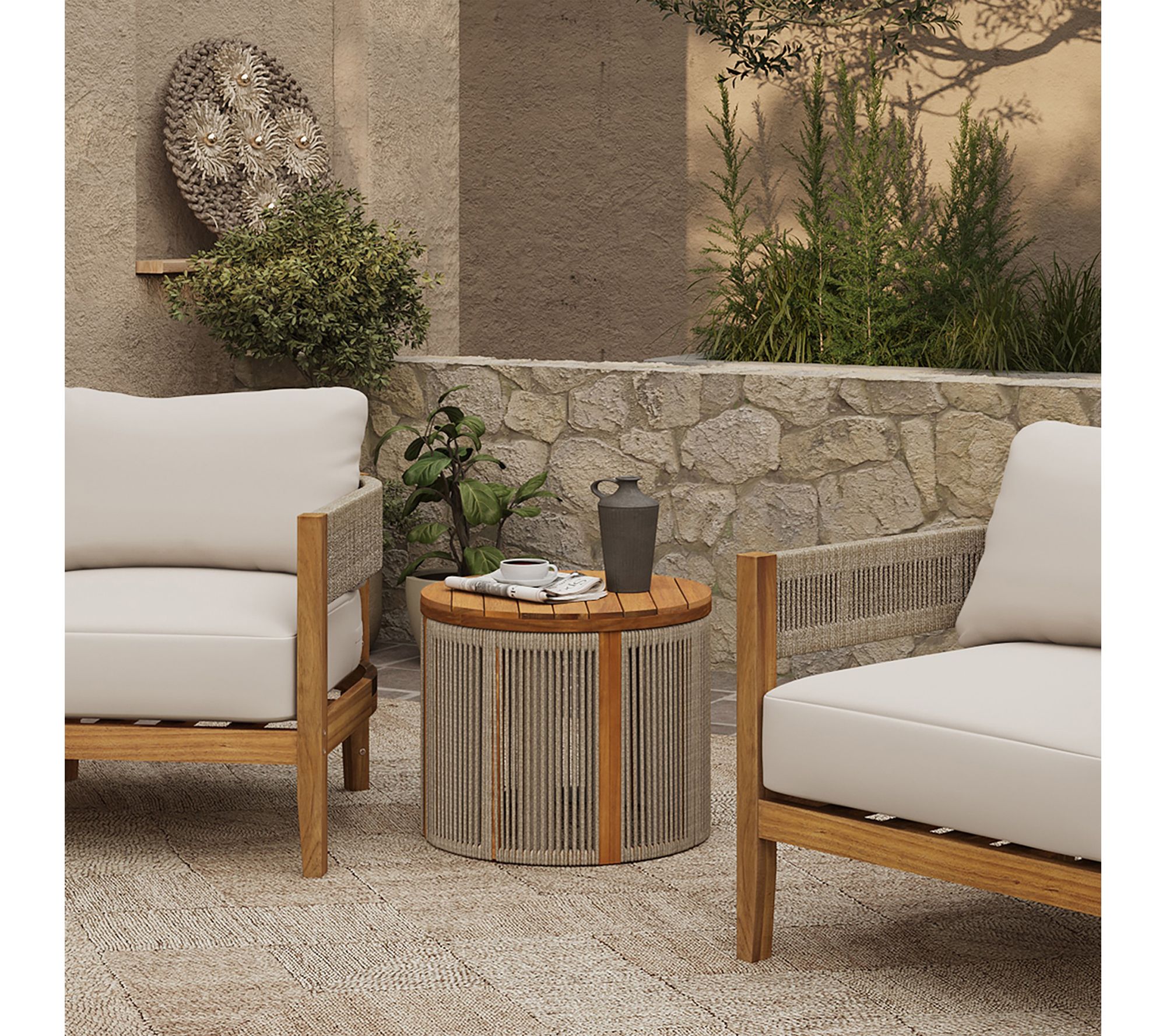 LuxenHome Outdoor Acacia Wood Rope Sides RoundDrum Side Table - QVC.com