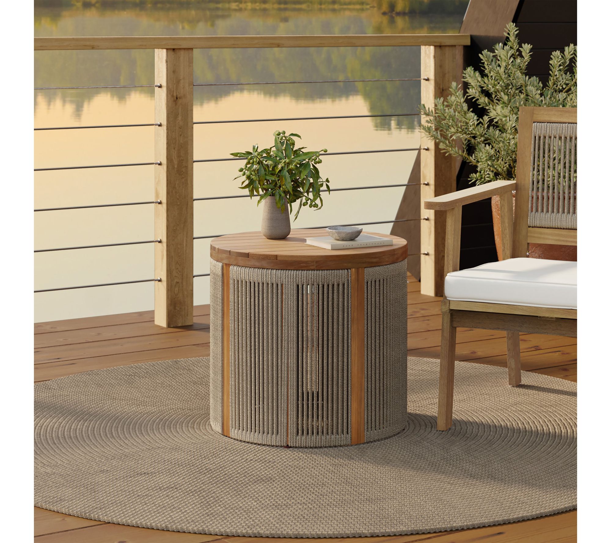 LuxenHome Outdoor Acacia Wood Rope Sides RoundDrum Side Table