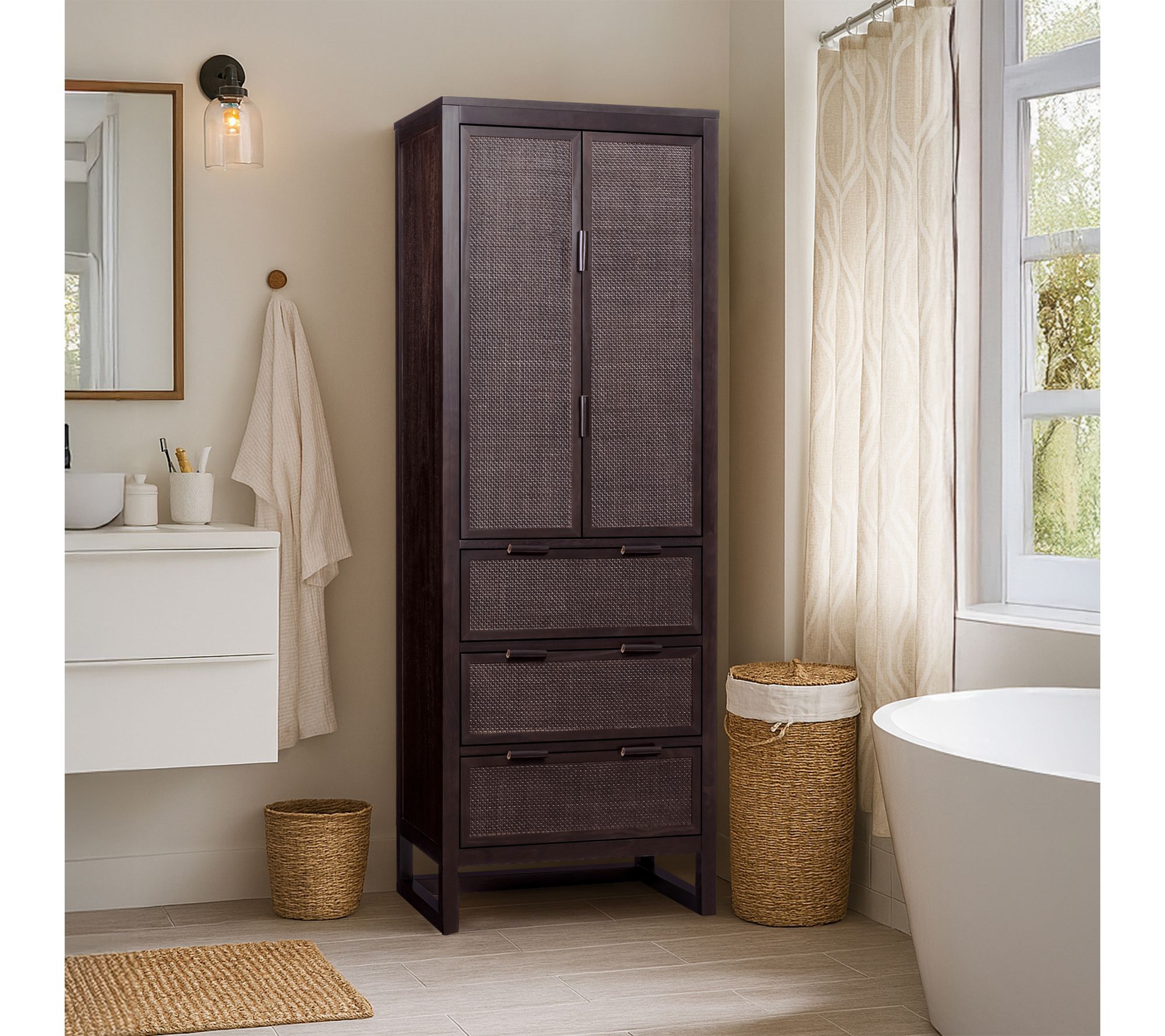 Teamson Home Hatteras Rattan Inlay Linen Cabinet with Drawers