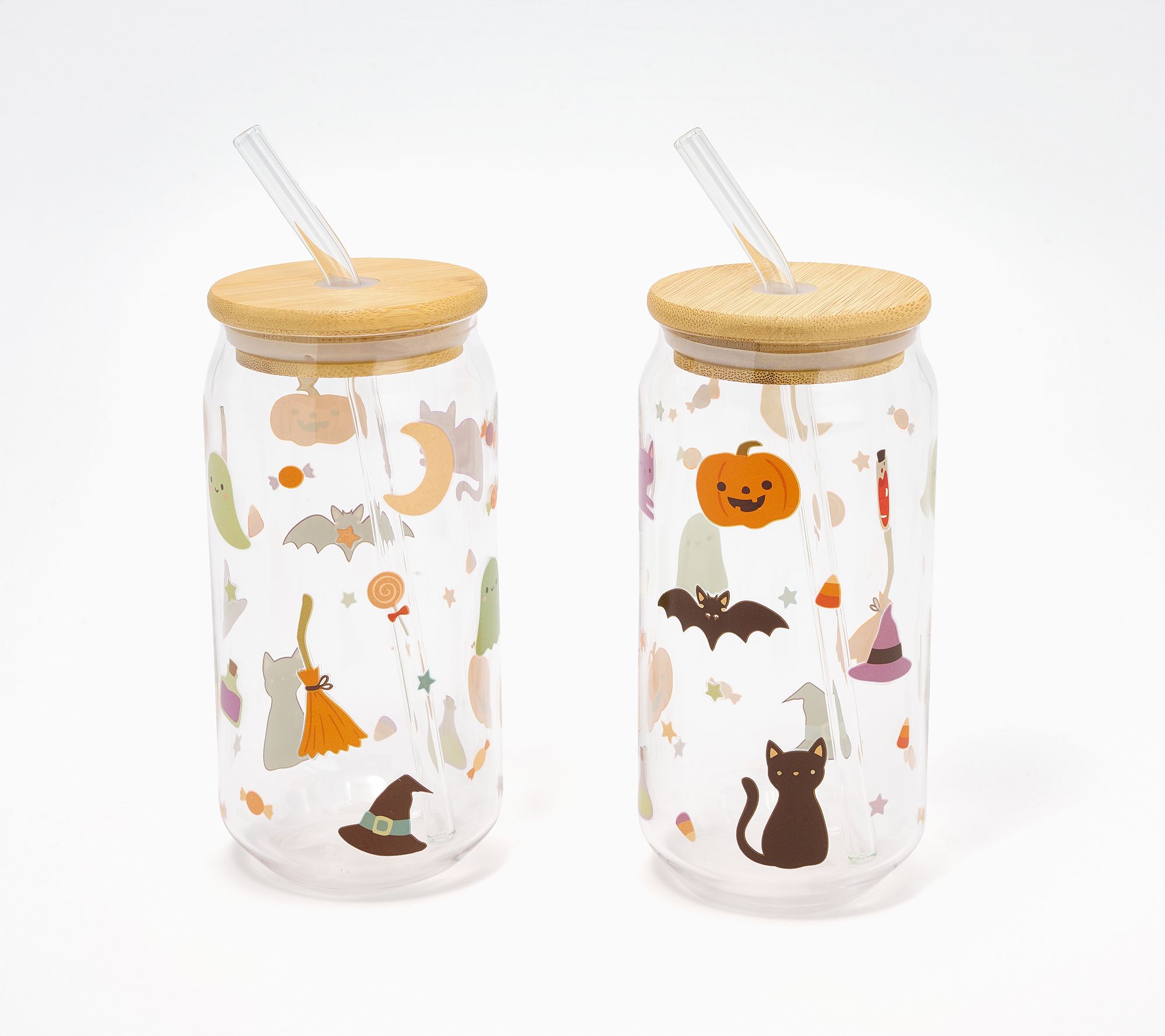 Widgeteer S/2 Halloween Glass Cups W/ Wood Lid & Glass Straw