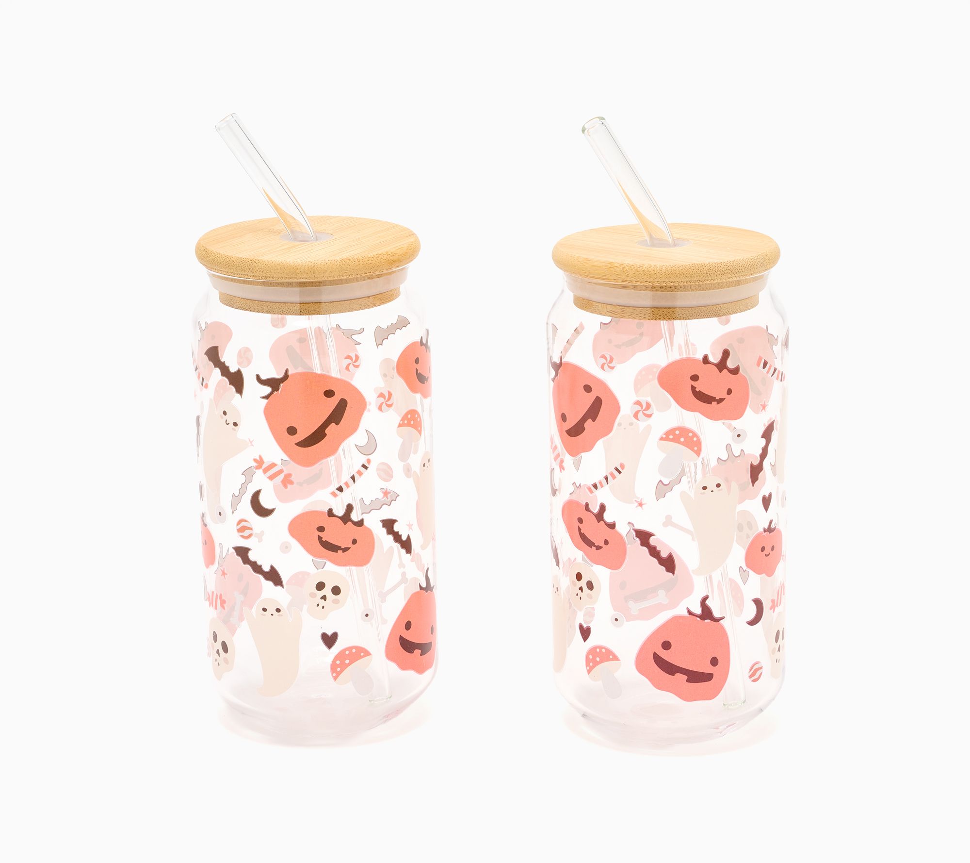 Widgeteer S/2 Halloween Glass Cups W/ Wood Lid & Glass Straw