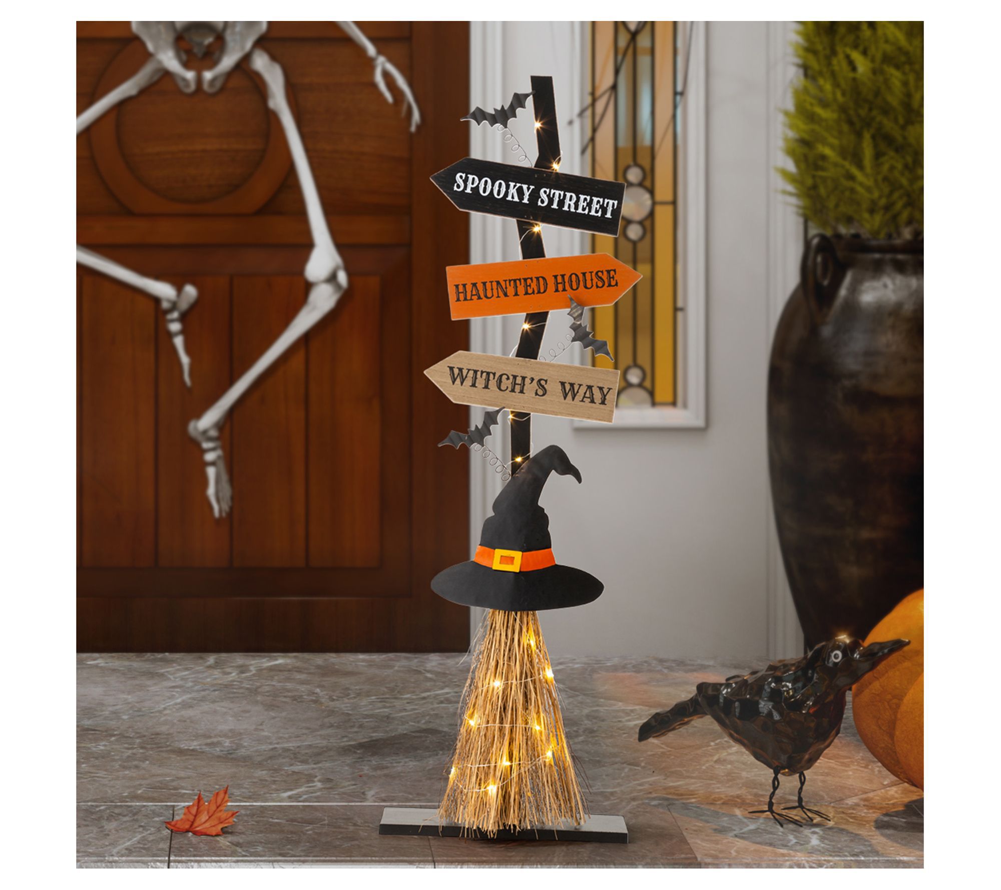 Glitzhome 42"H Lighted Wooden Witch's Broom Porch Decor