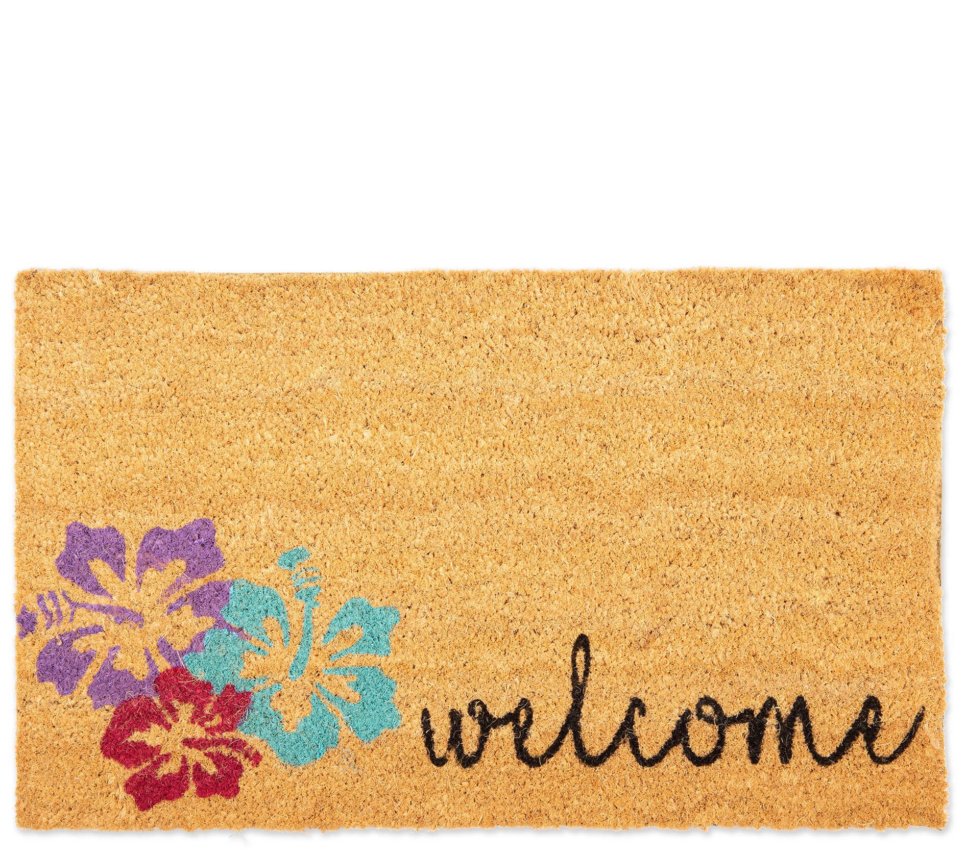 Hibiscus Welcome Natural Coir Doormat With Nonslip Back Qvc