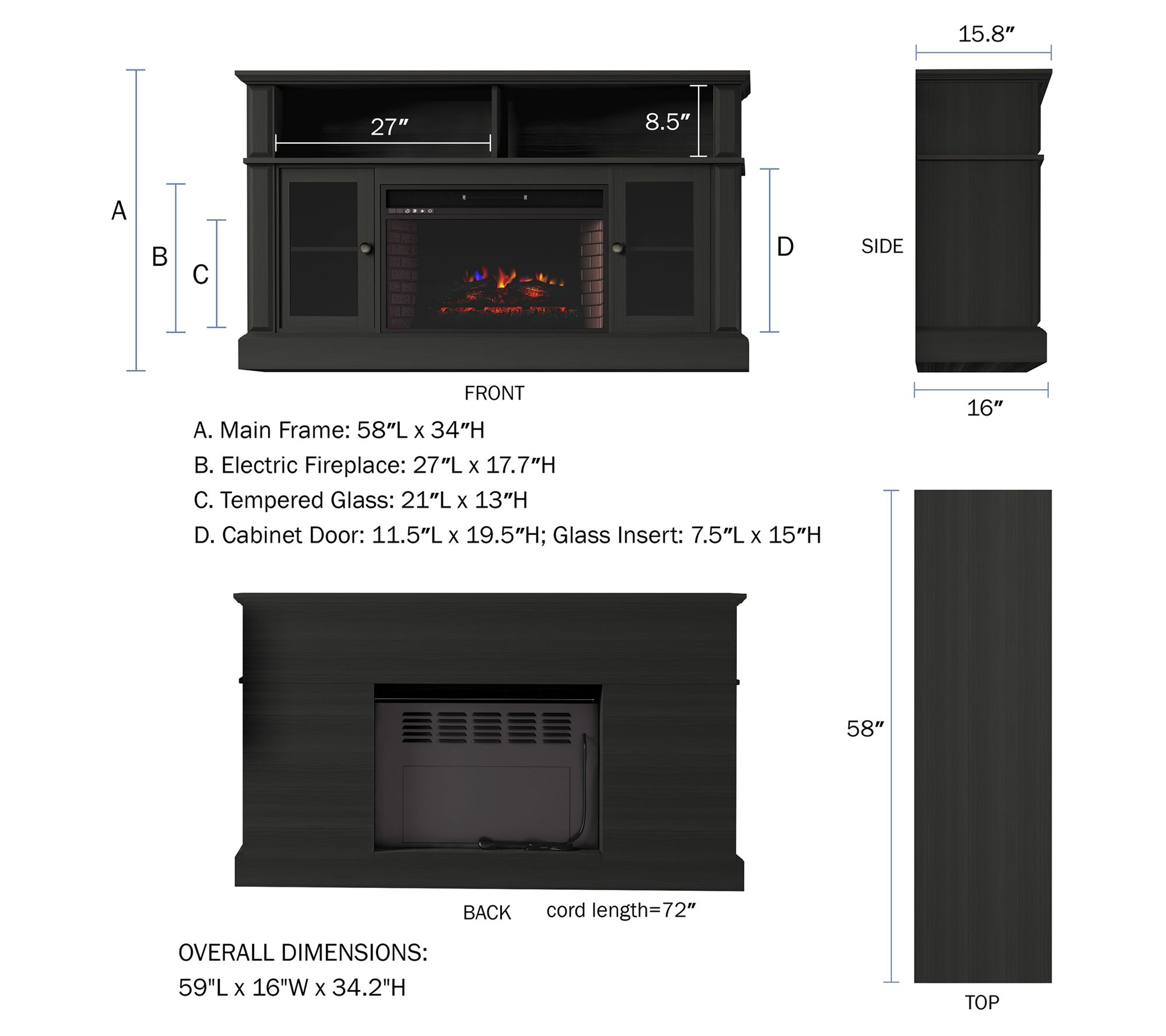 Lavish Home Fireplace 60" TV Stand Entertainment Center