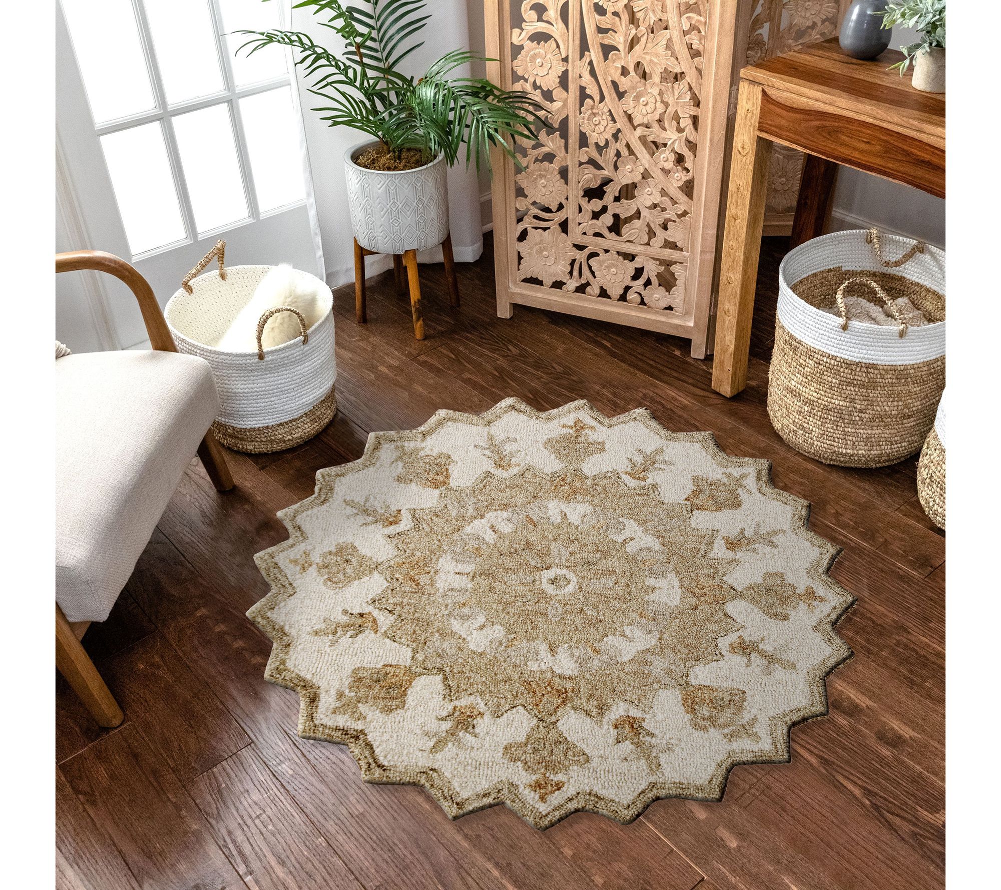 Ox Bay Beige Medallion Wool Round Indoor Rug, 3' Round