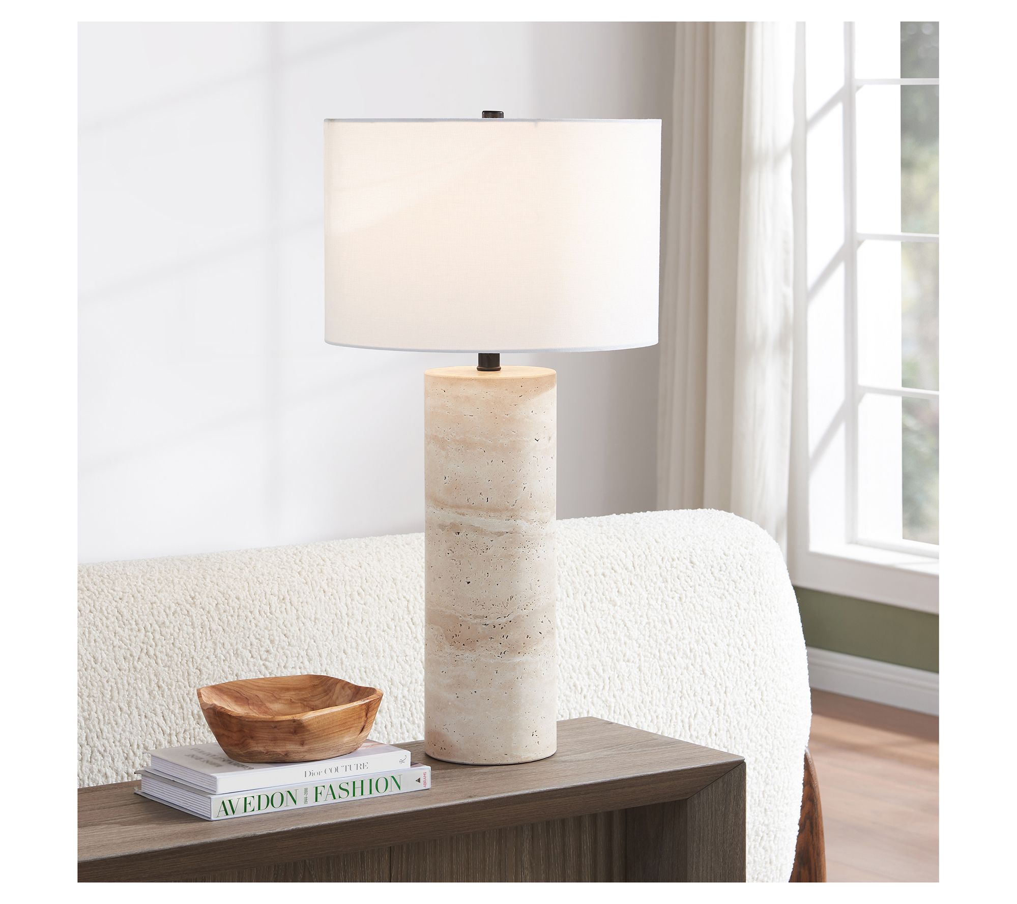Hudson&Canal Co rbett Natural T ravertine Stone Table Lamp
