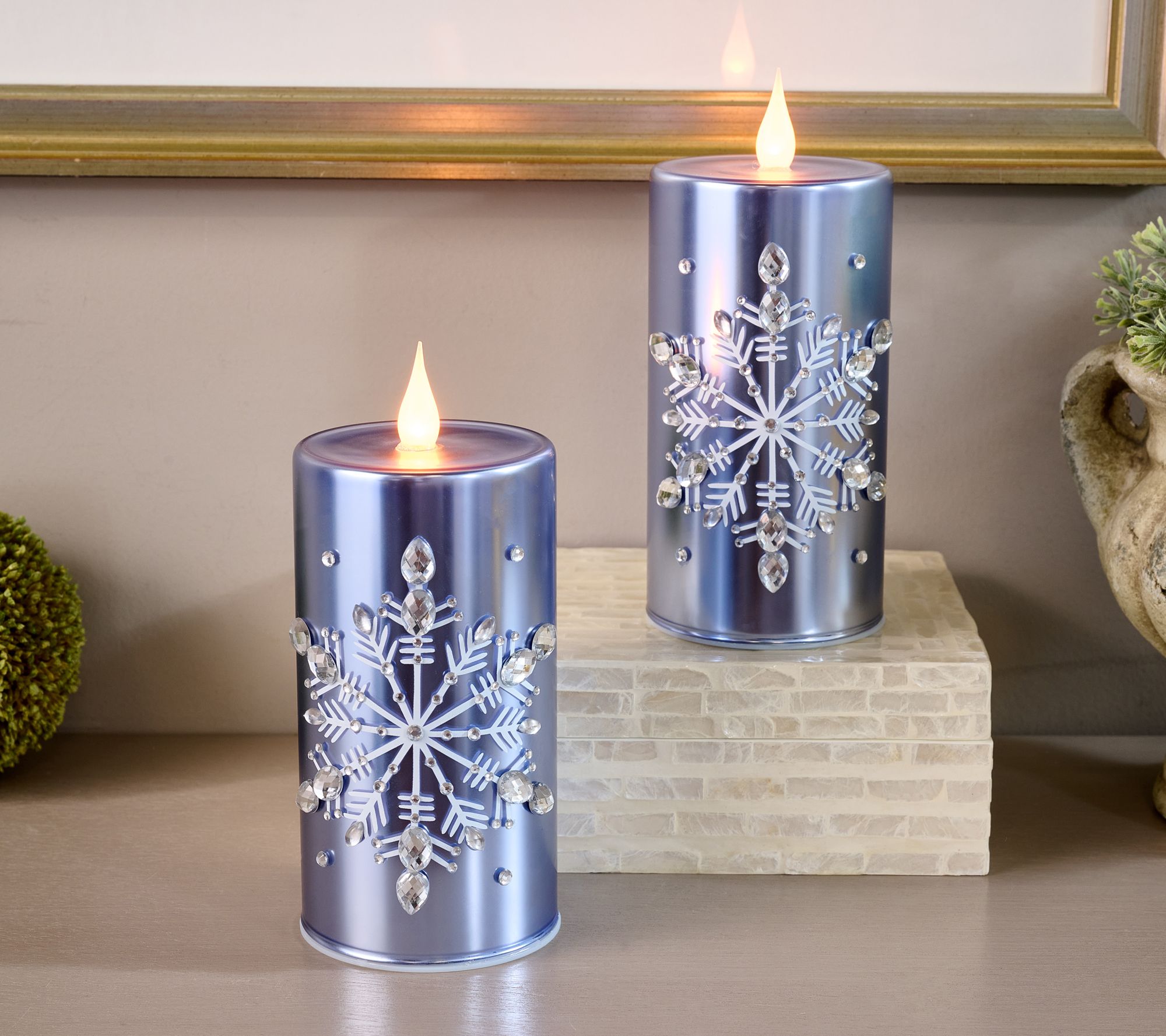 As Is Set of (2) 7" Flickering Embellishd Gla ss Candles