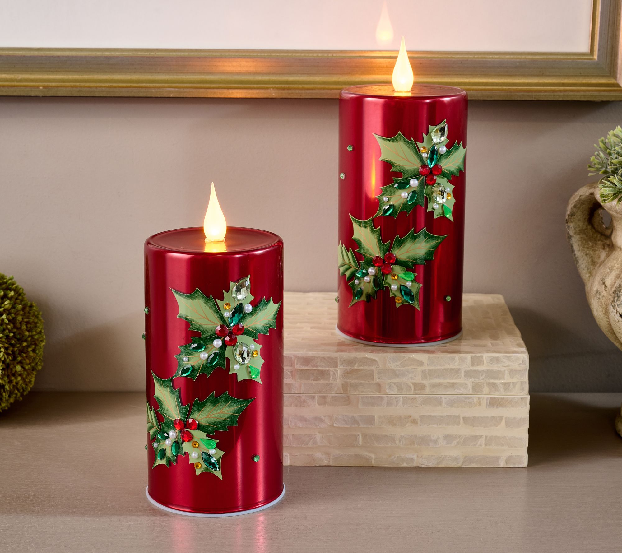 "As Is" S/2 7" Flickering Embellished Glass Candles by Valerie