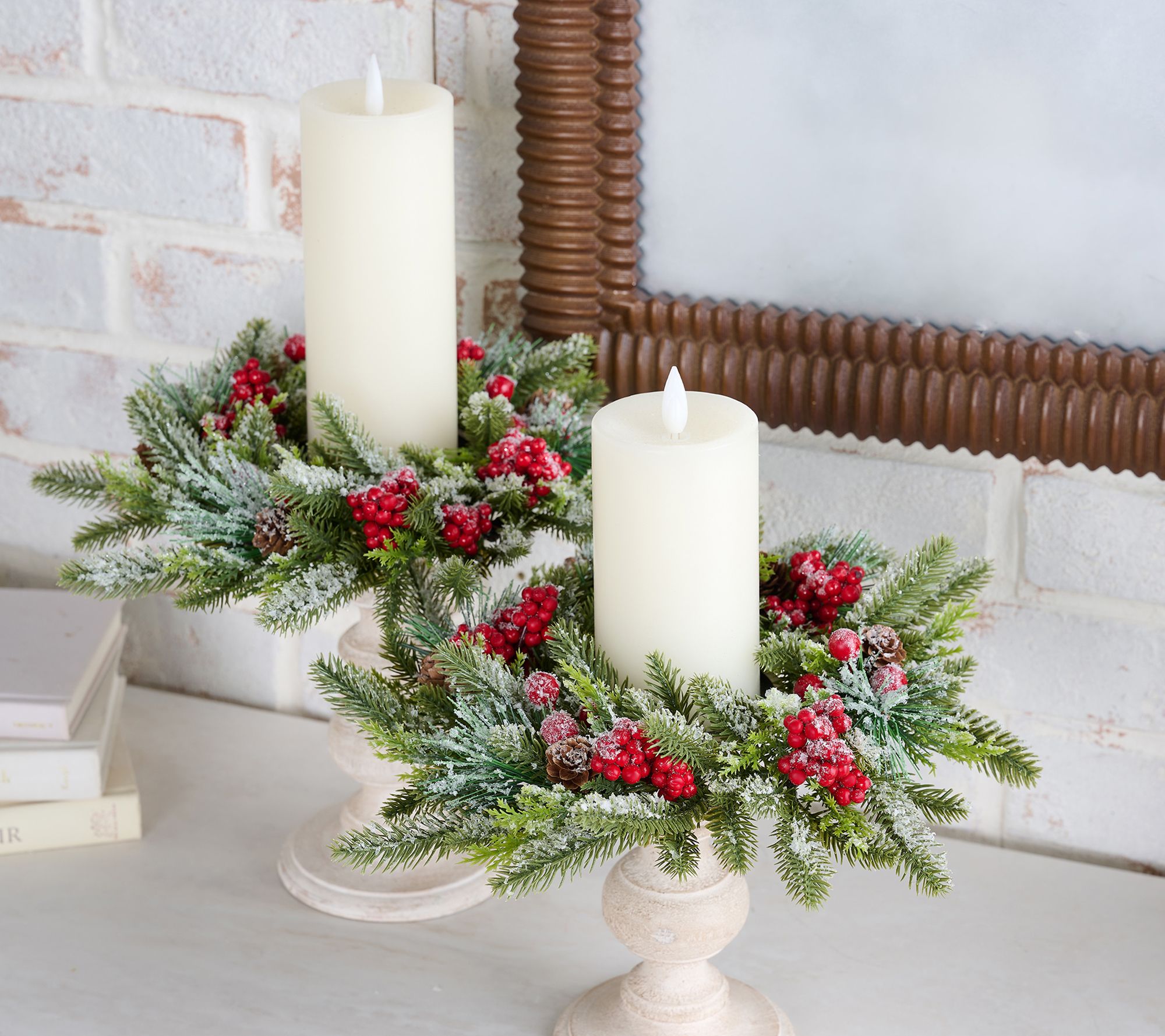 "As Is" Set of 2 Frosted Berry and Pinecone Candle Rings by Valerie