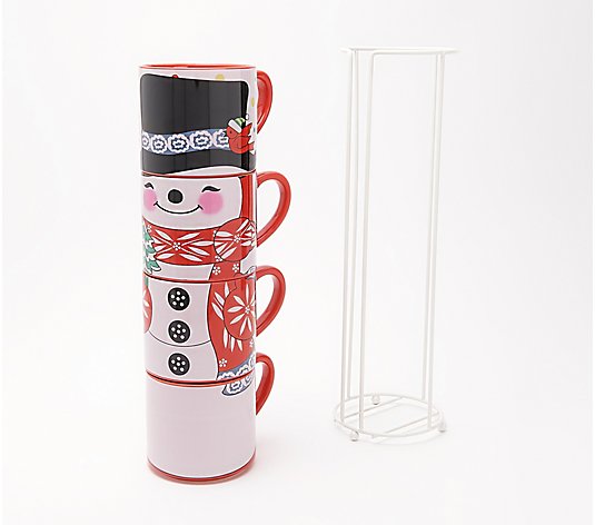 Temp-tations Set of (4) Winter Whimsy Stacking Mugs with Wire Stand