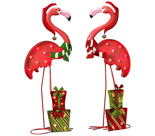 Lighted Holiday Flamingos (Set of 2)
