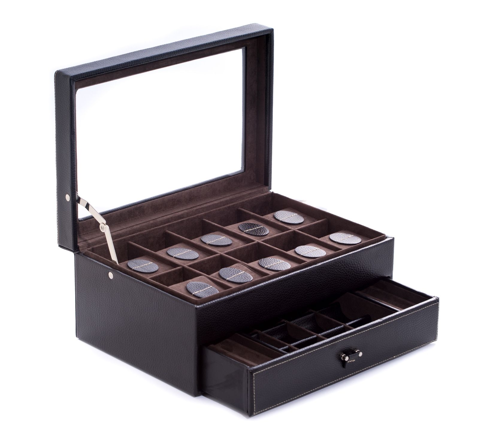 Black Pebbled Leather 10-Watch Case with GlassTop