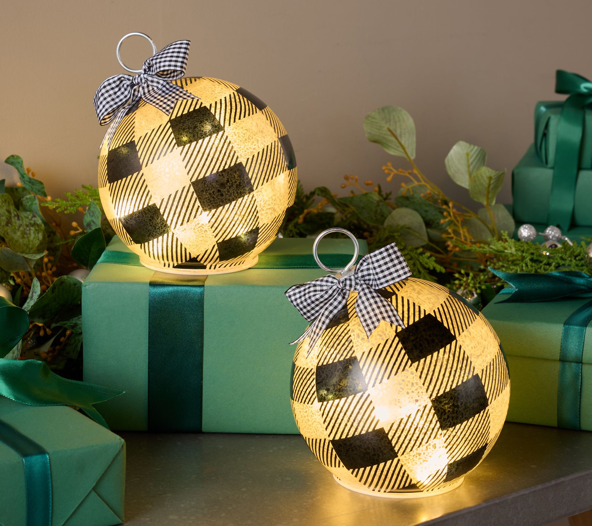 "As Is" Set of 2 Illuminated Plaid Tabletop Ornaments by Valerie