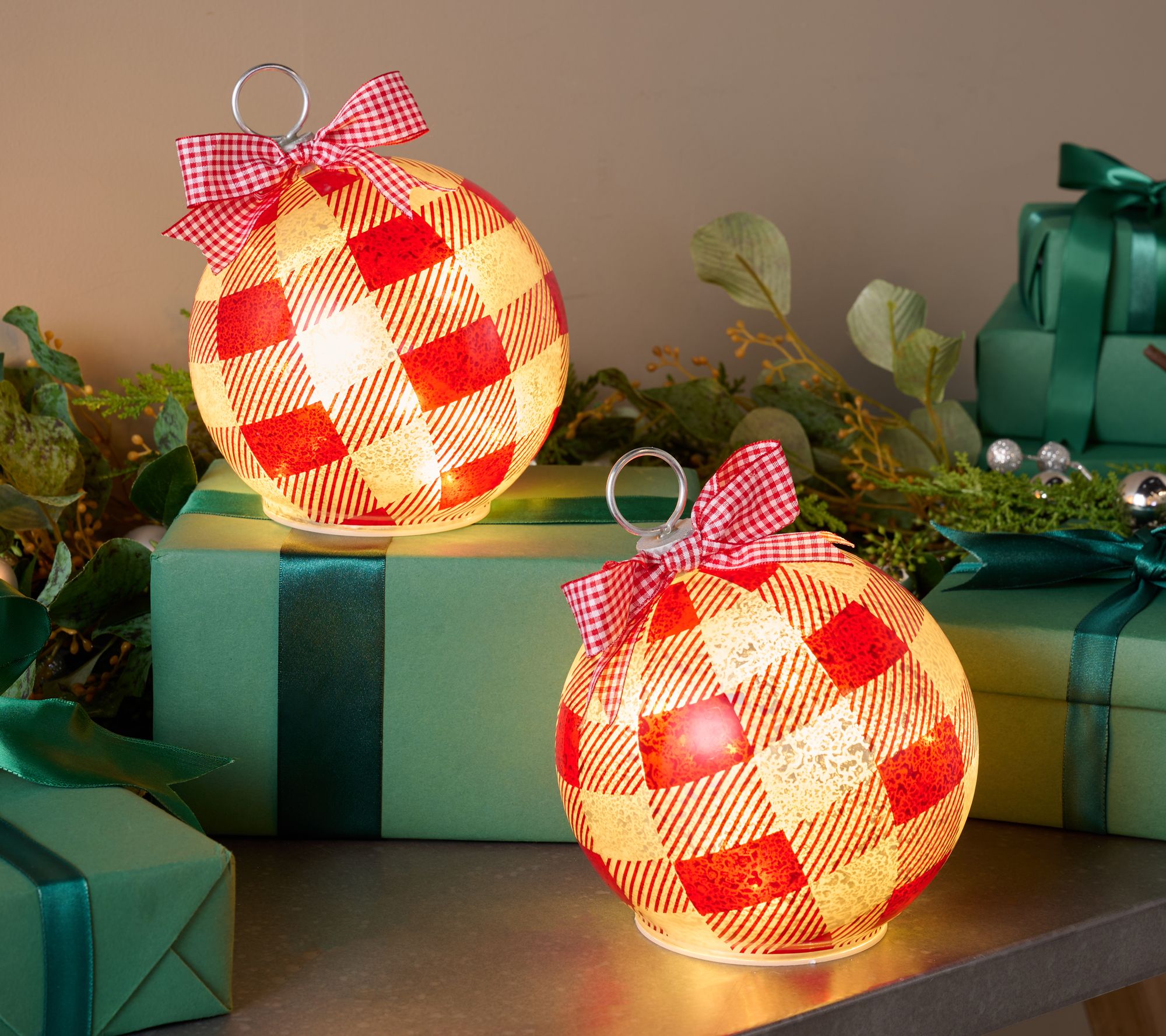 "As Is" Set of 2 Illuminated Plaid Tabletop Ornaments by Valerie