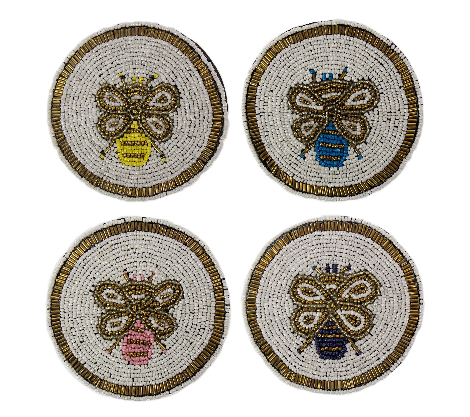 Global Crafts Hand Embroidered Glass Bead Coasters, Set of 4
