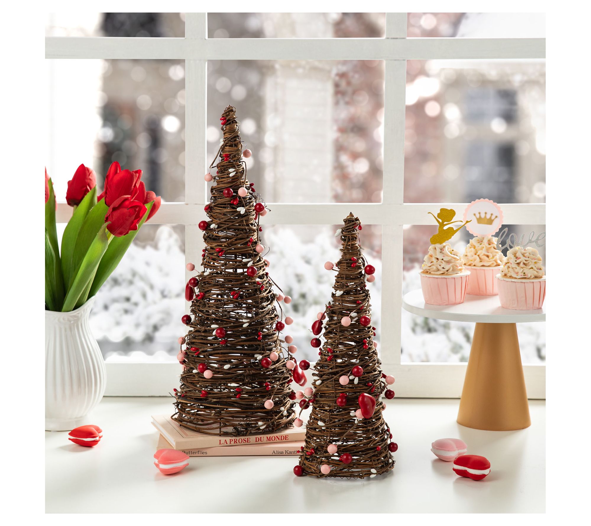 Glitzhome 16"H Valentine's Rattan Heart & Berries Trees S/2